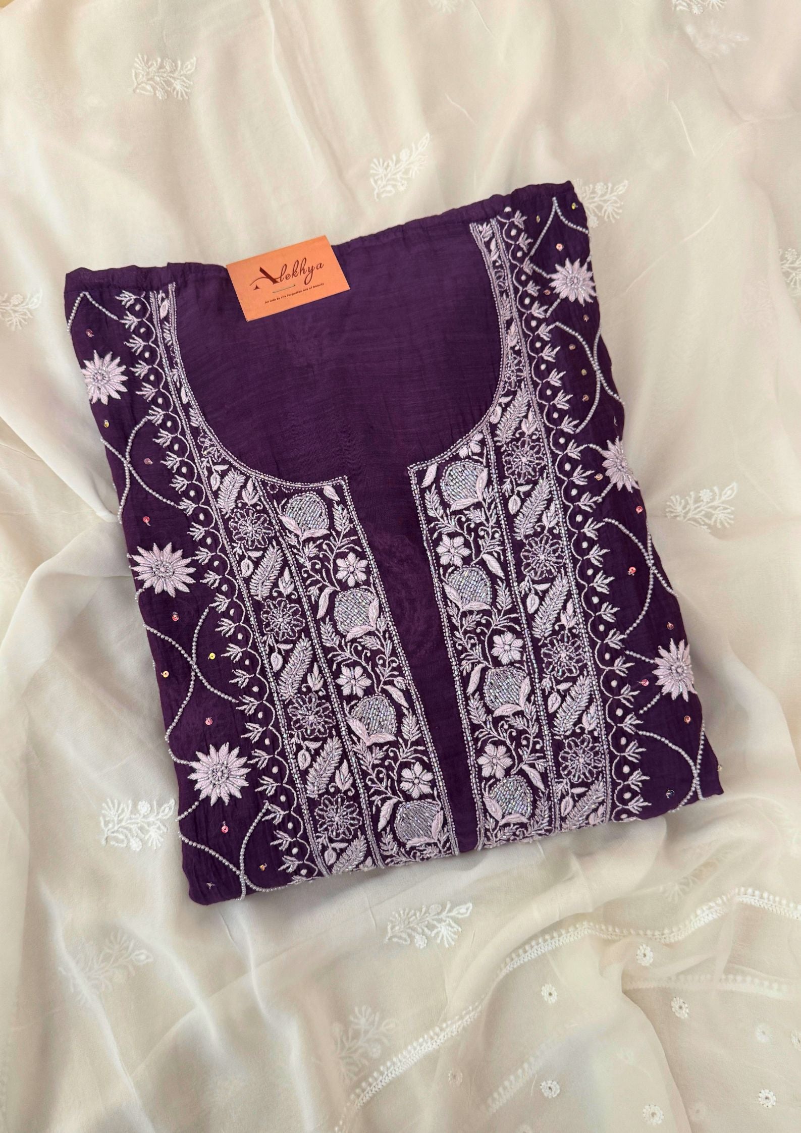 Mul Chanderi Semistitched Chikankari Suit - Plum
