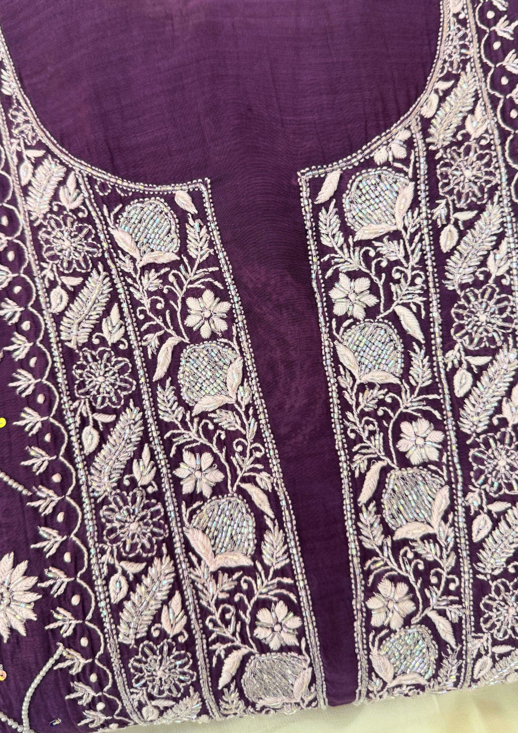 Mul Chanderi Semistitched Chikankari Suit - Plum