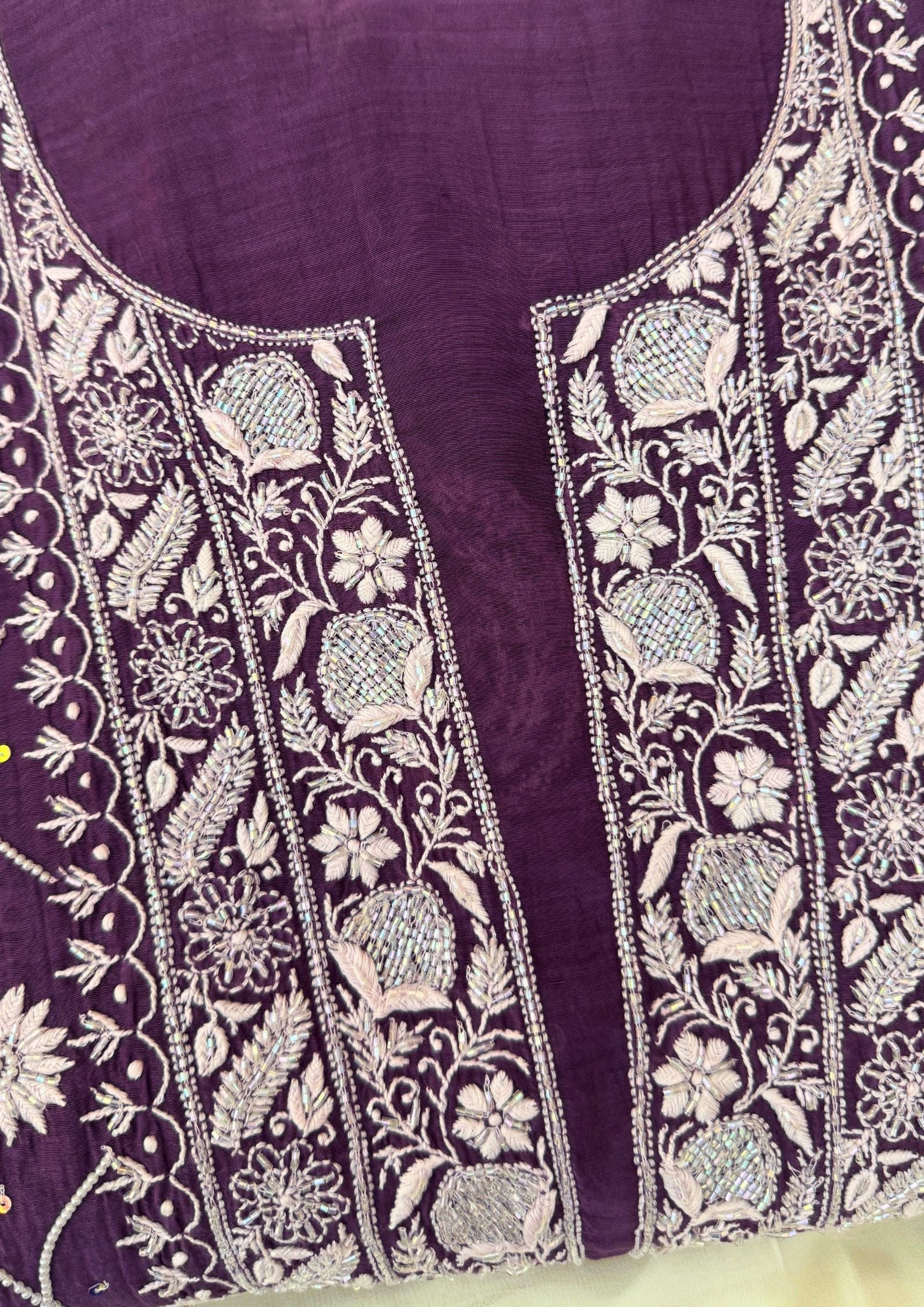 Mul Chanderi Semistitched Chikankari Suit - Plum