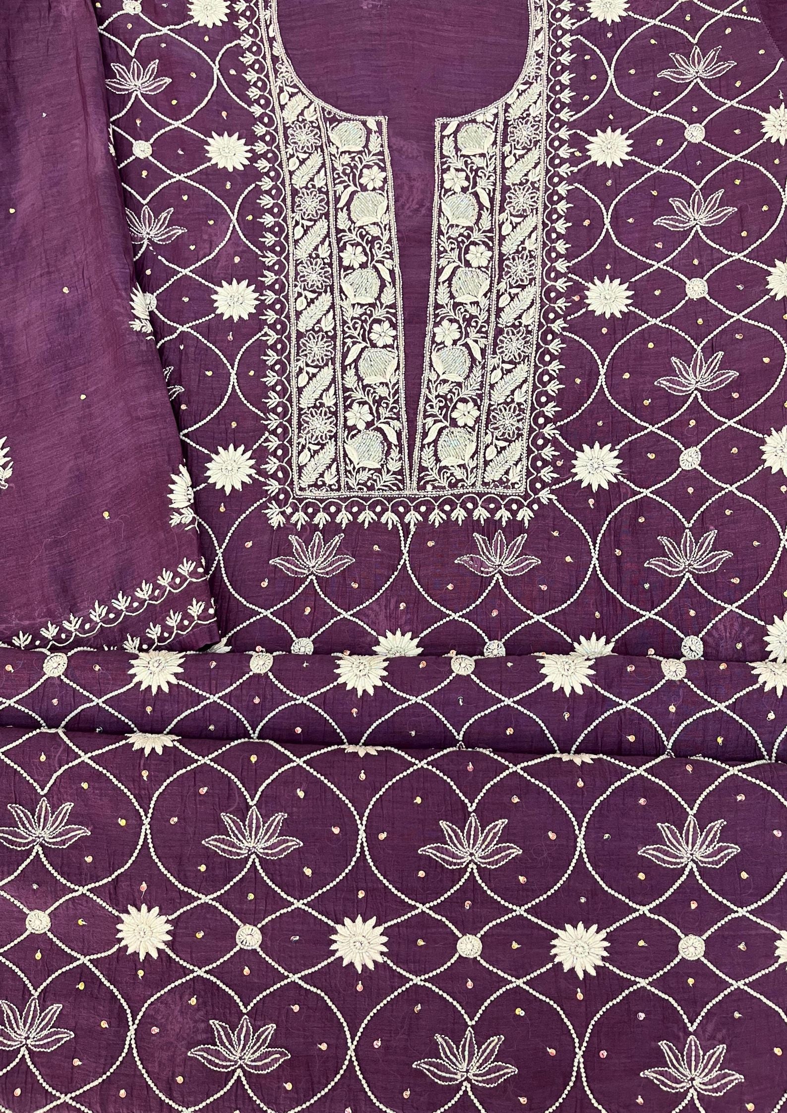 Mul Chanderi Semistitched Chikankari Suit - Plum