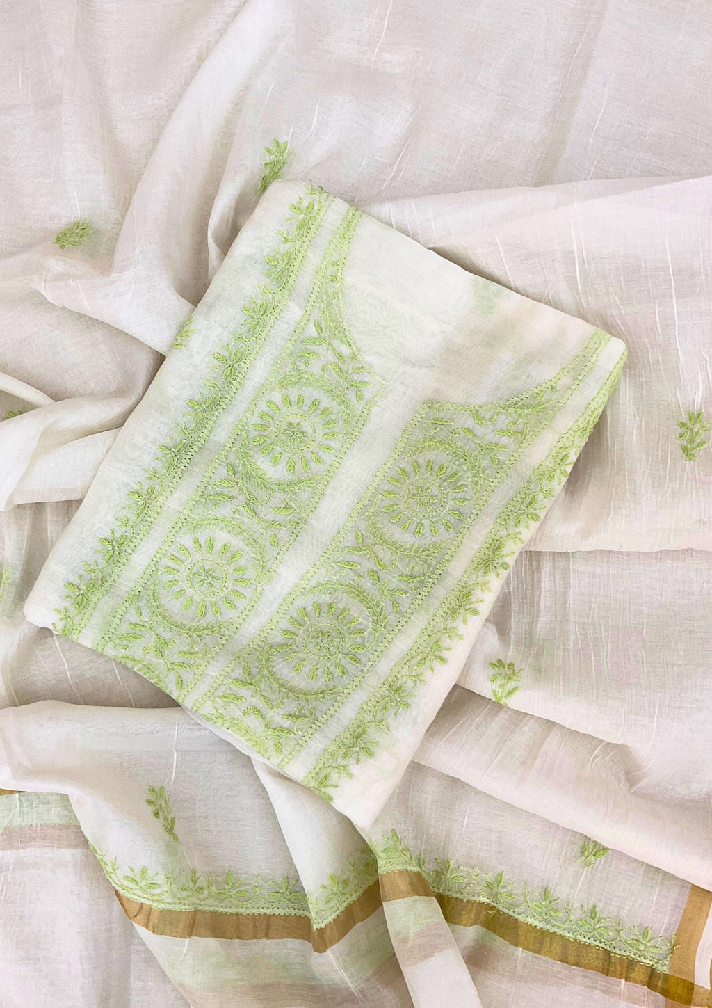 Mul Chanderi Unstitched Kurta And Dupatta Set - Simply White