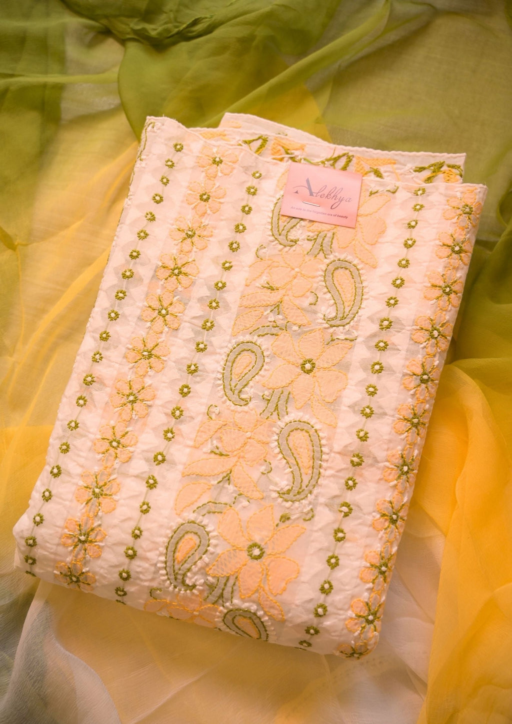 Cotton White - yellow and green 3 pc suit