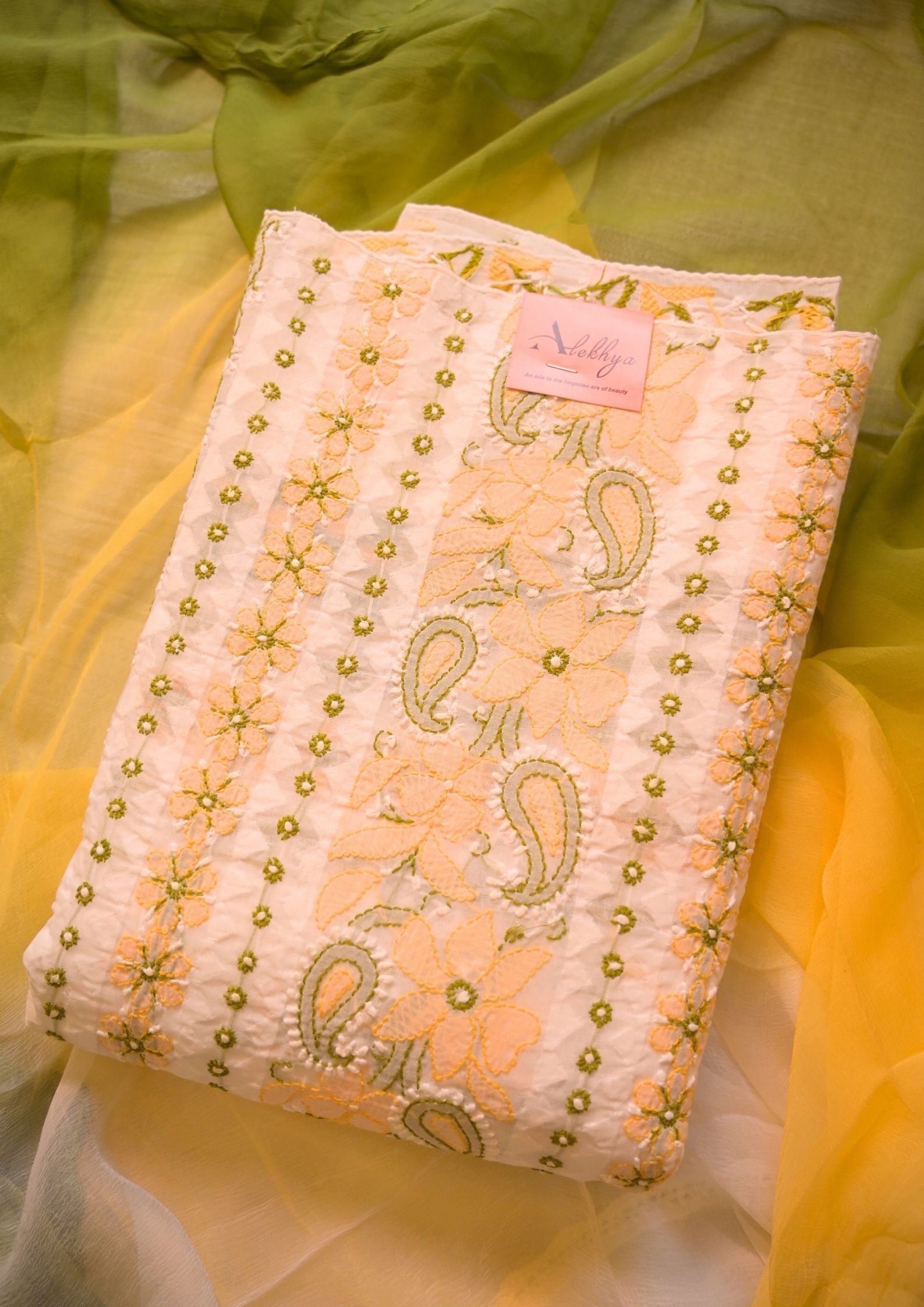 Cotton White - yellow and green 3 pc suit