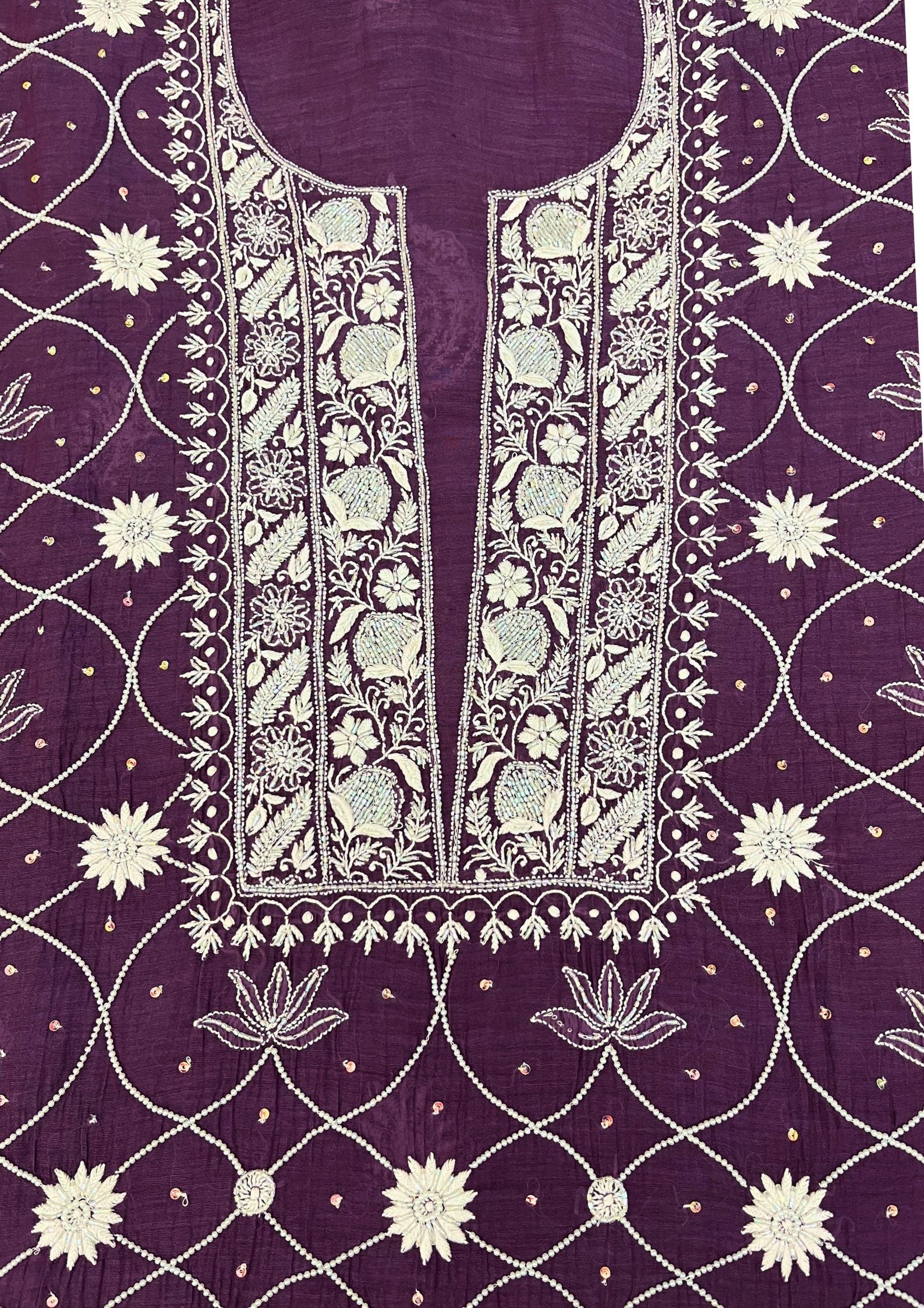 Mul Chanderi Semistitched Chikankari Suit - Plum