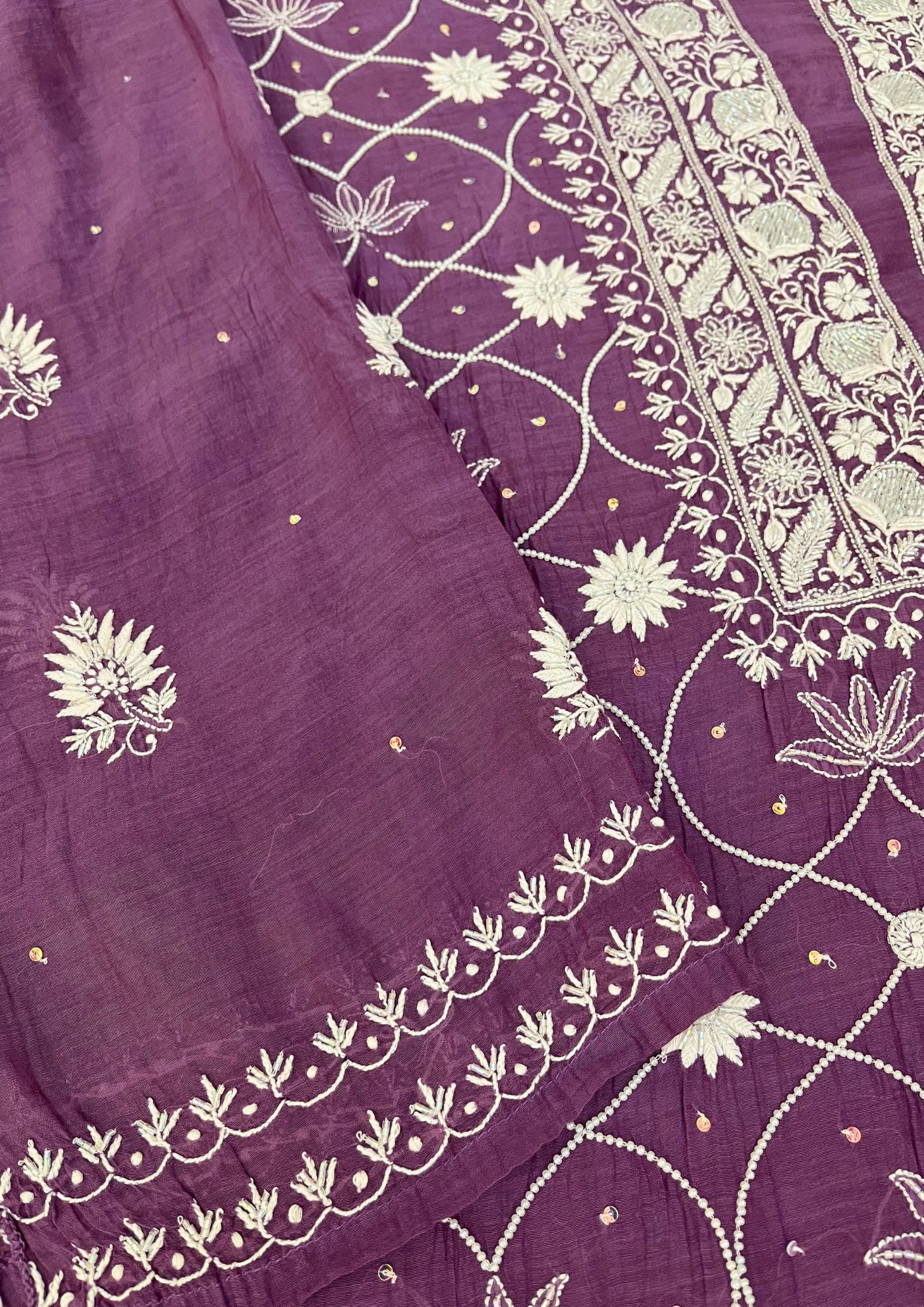 Mul Chanderi Semistitched Chikankari Suit - Plum