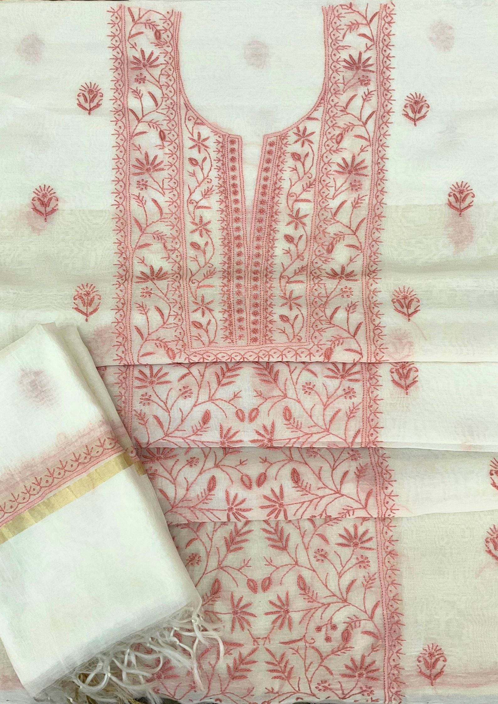 Mul Chanderi Unstitched Kurta And Dupatta Set - Off White