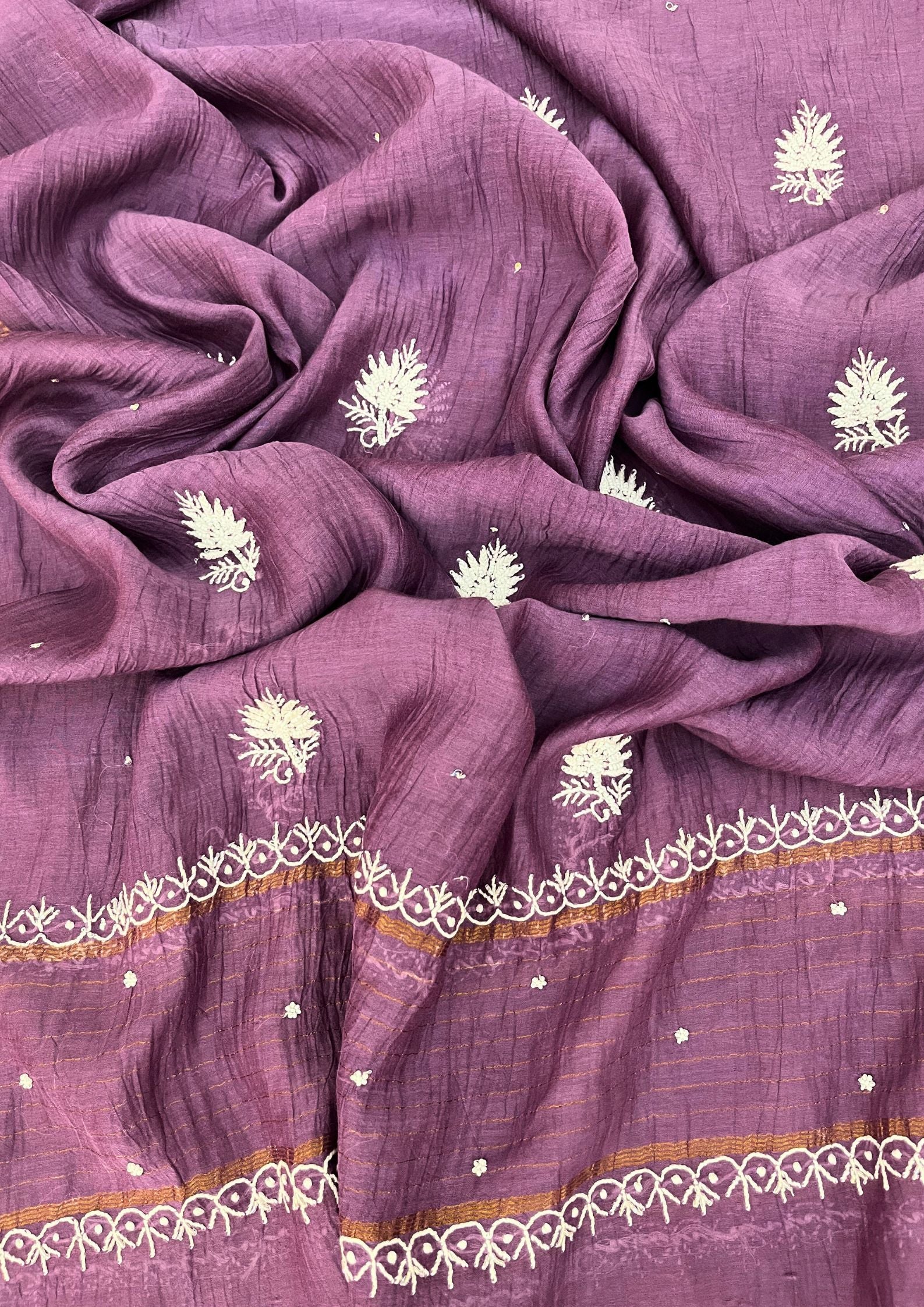 Mul Chanderi Semistitched Chikankari Suit - Plum