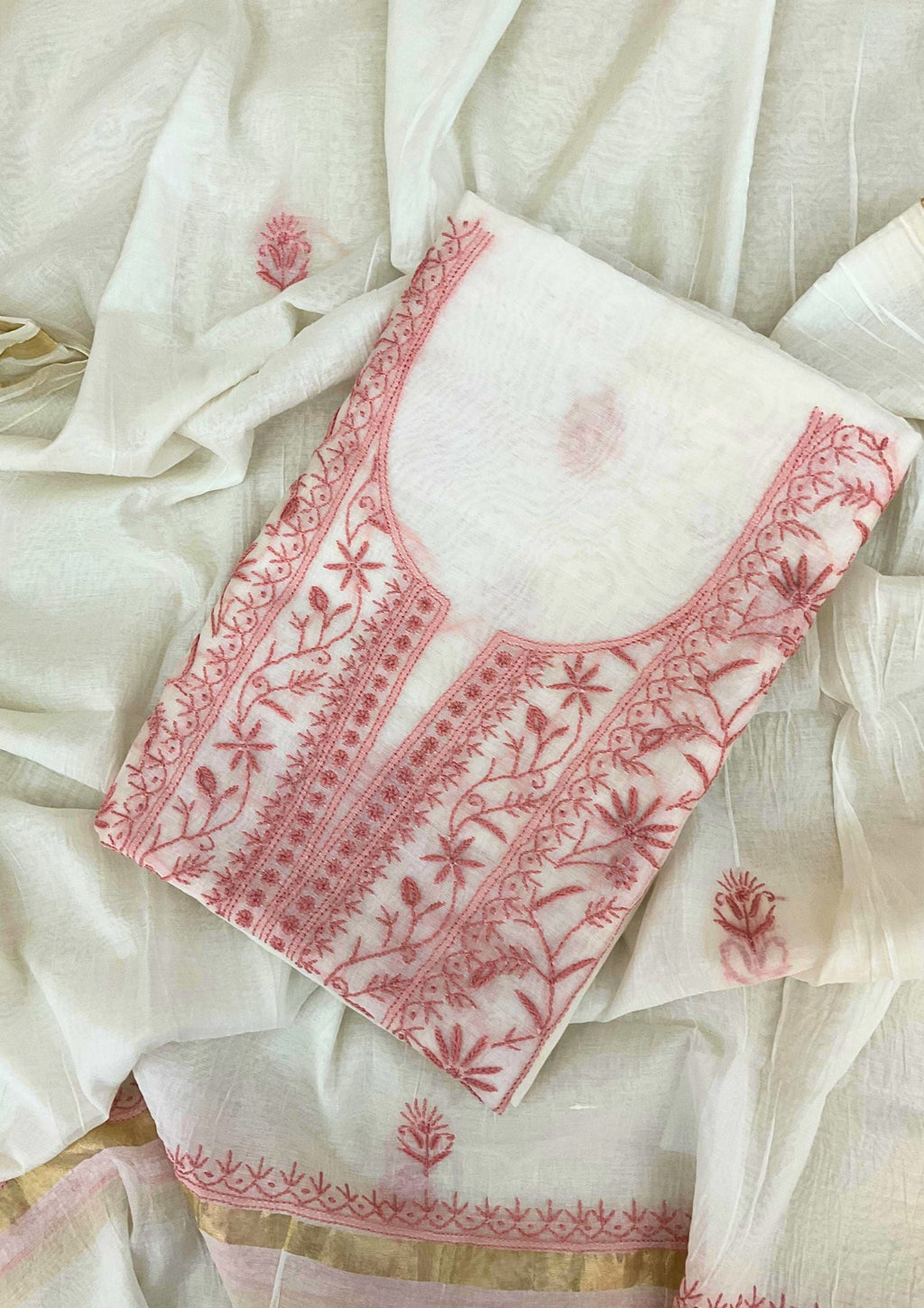 Mul Chanderi Unstitched Kurta And Dupatta Set - Off White