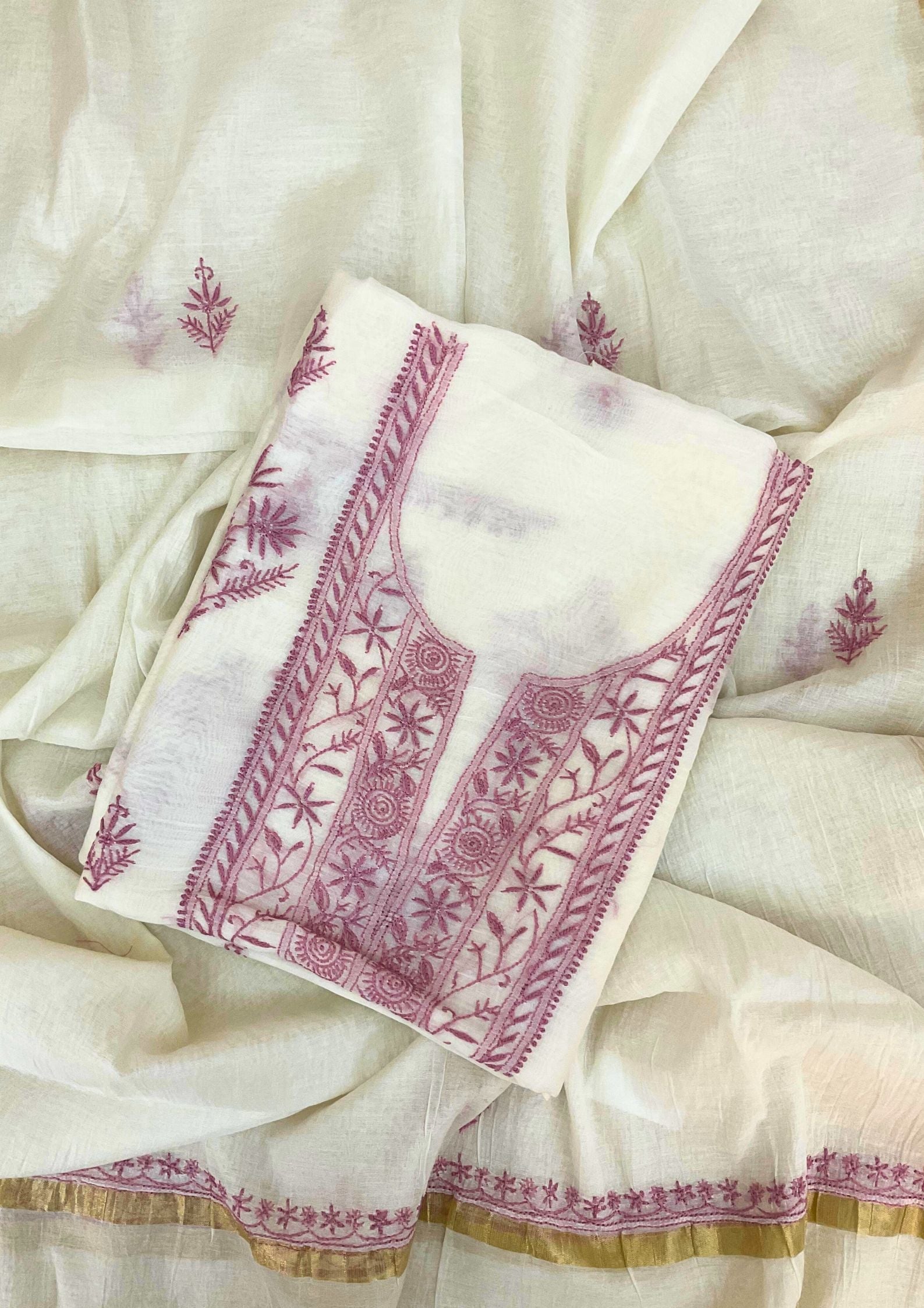 Mul Chanderi Unstitched Kurta And Dupatta Set - White Dove