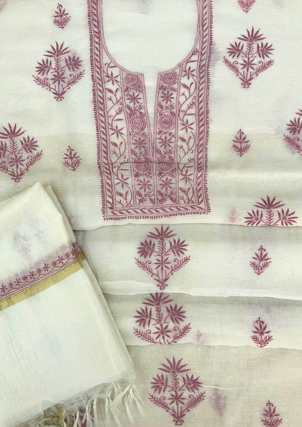 Mul Chanderi Unstitched Kurta And Dupatta Set - White Dove