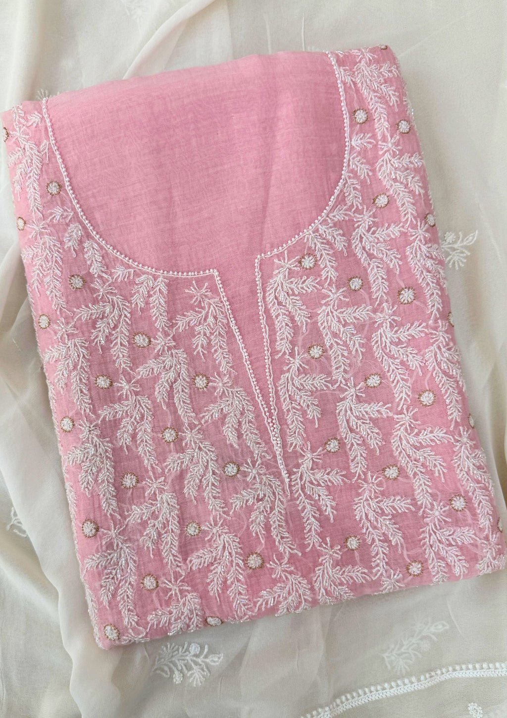 Mul Chanderi Unstitched Chikankari Suit - Baby Pink
