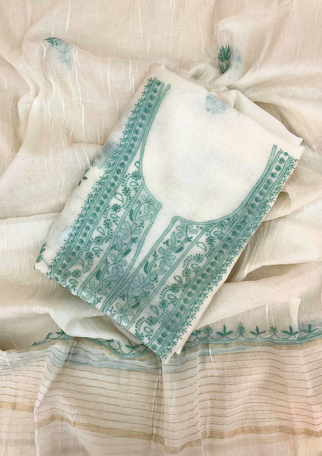 Mul Chanderi Unstitched Kurta And Dupatta Set - Snow White