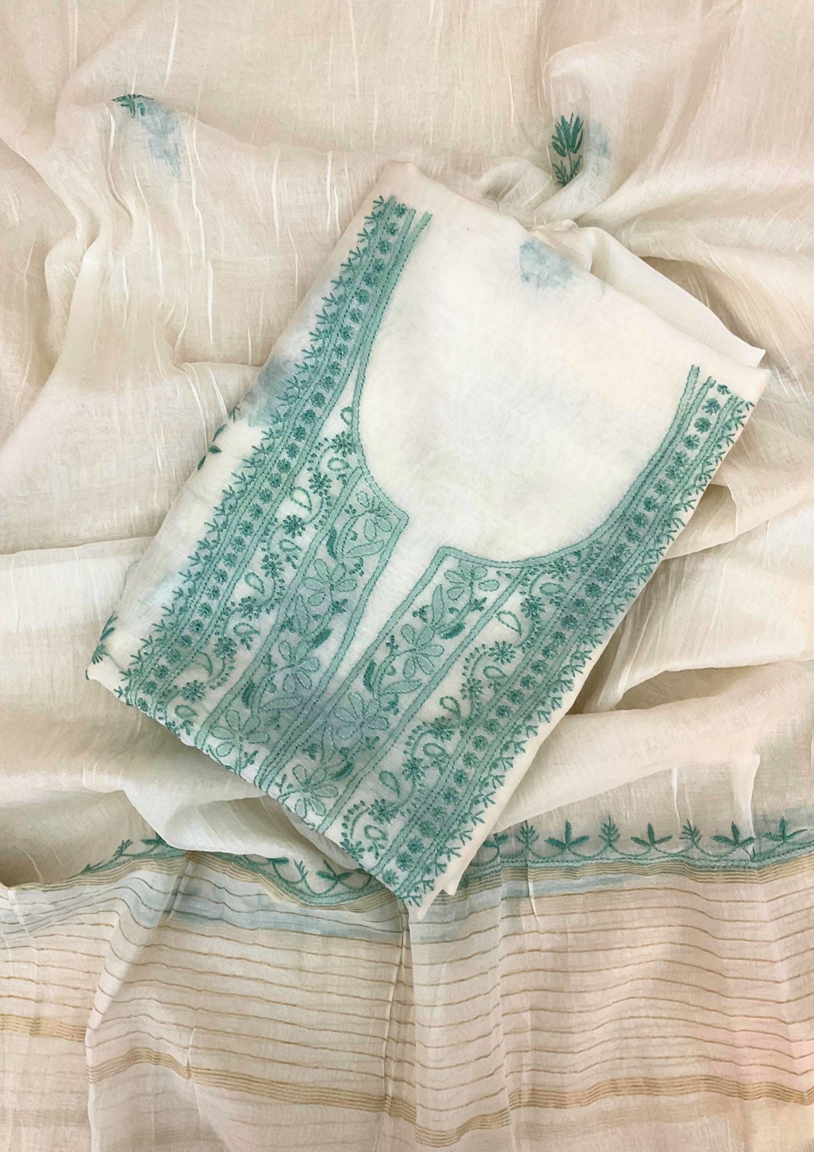 Mul Chanderi Unstitched Kurta And Dupatta Set - Snow White