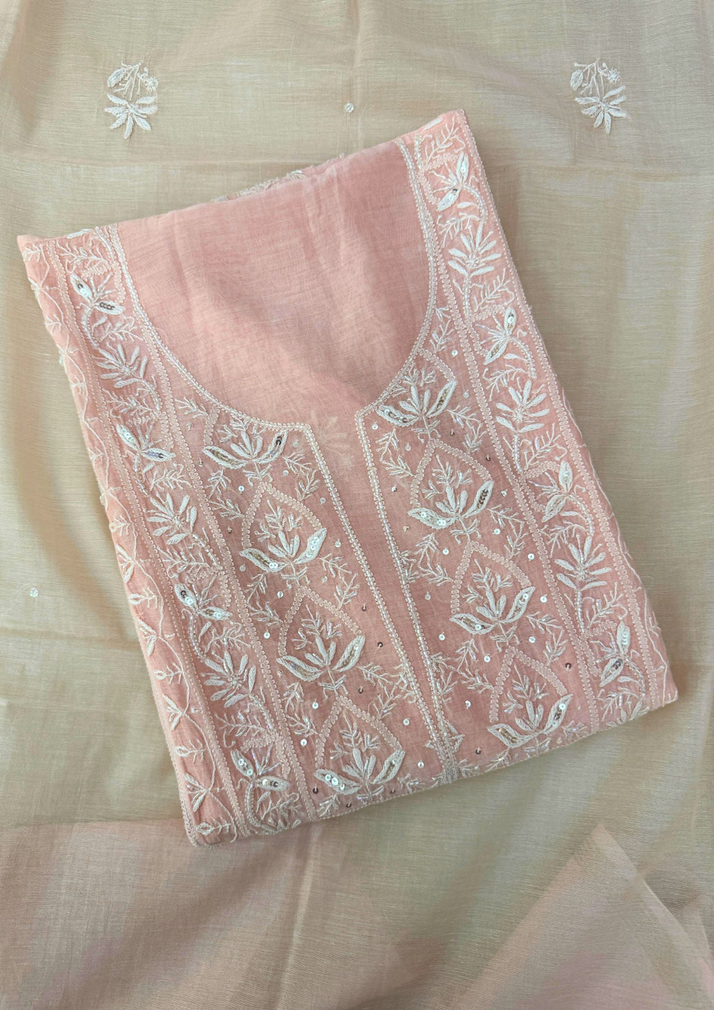 Mul Chanderi Semistitched Chikankari Suit - Peach