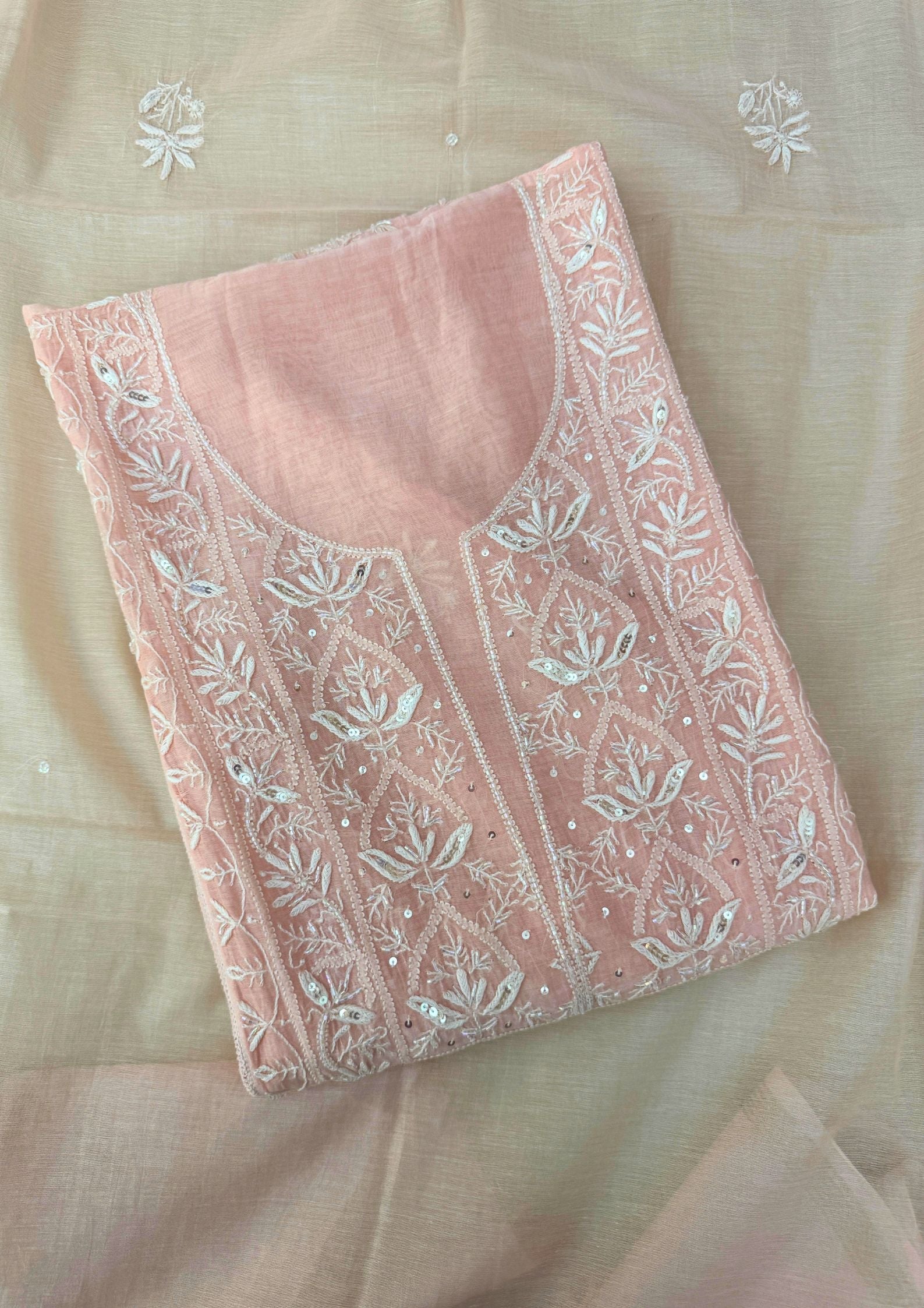 Mul Chanderi Semistitched Chikankari Suit - Peach