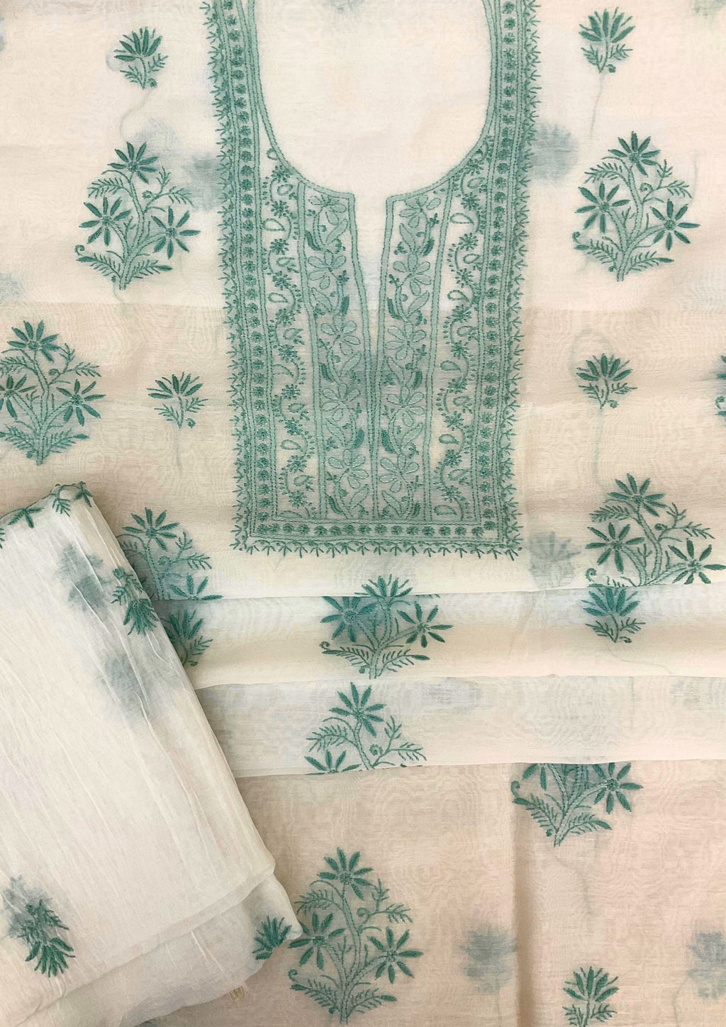 Mul Chanderi Unstitched Kurta And Dupatta Set - Snow White