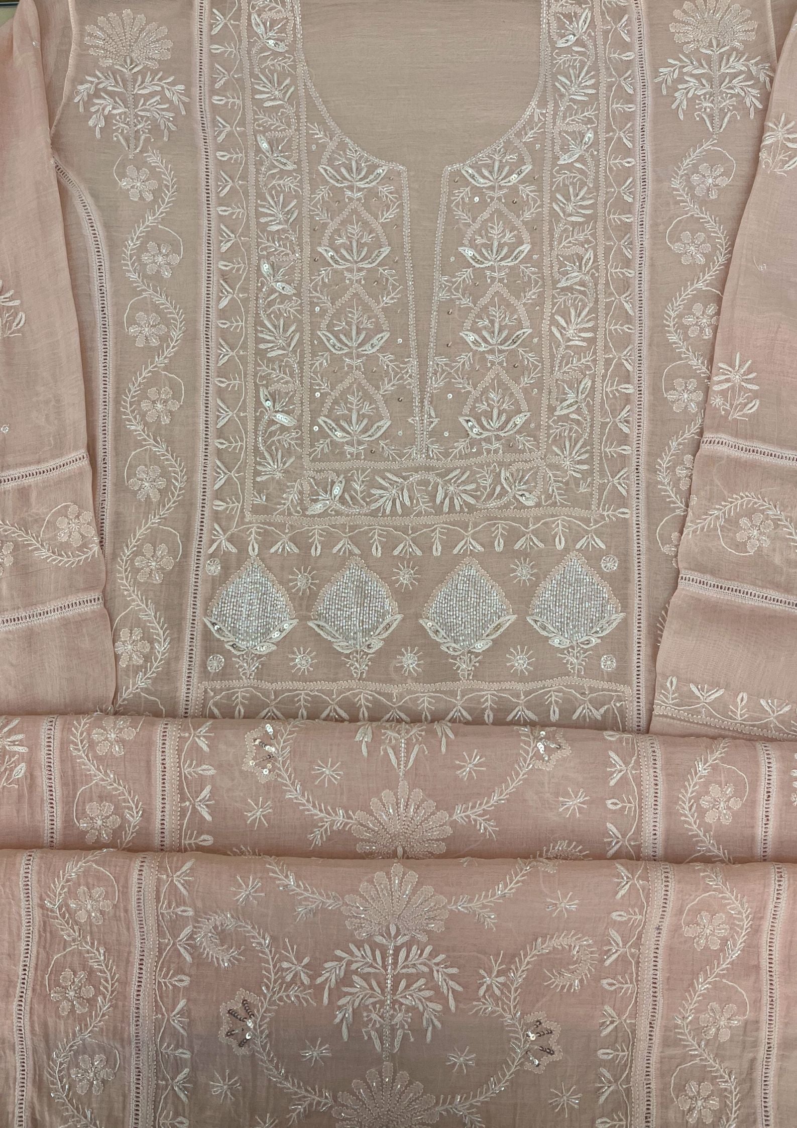 Mul Chanderi Semistitched Chikankari Suit - Peach