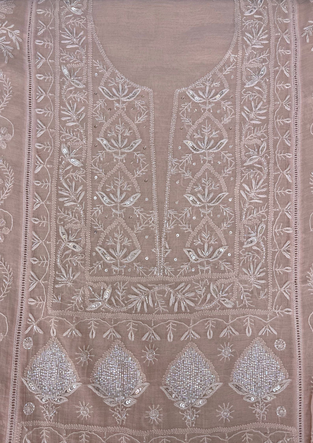 Mul Chanderi Semistitched Chikankari Suit - Peach
