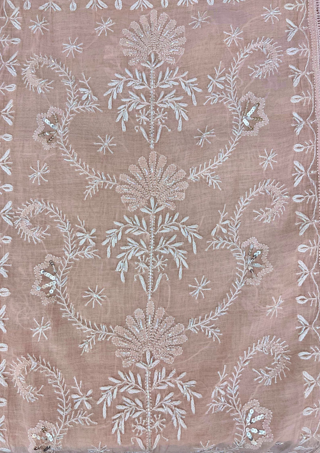 Mul Chanderi Semistitched Chikankari Suit - Peach