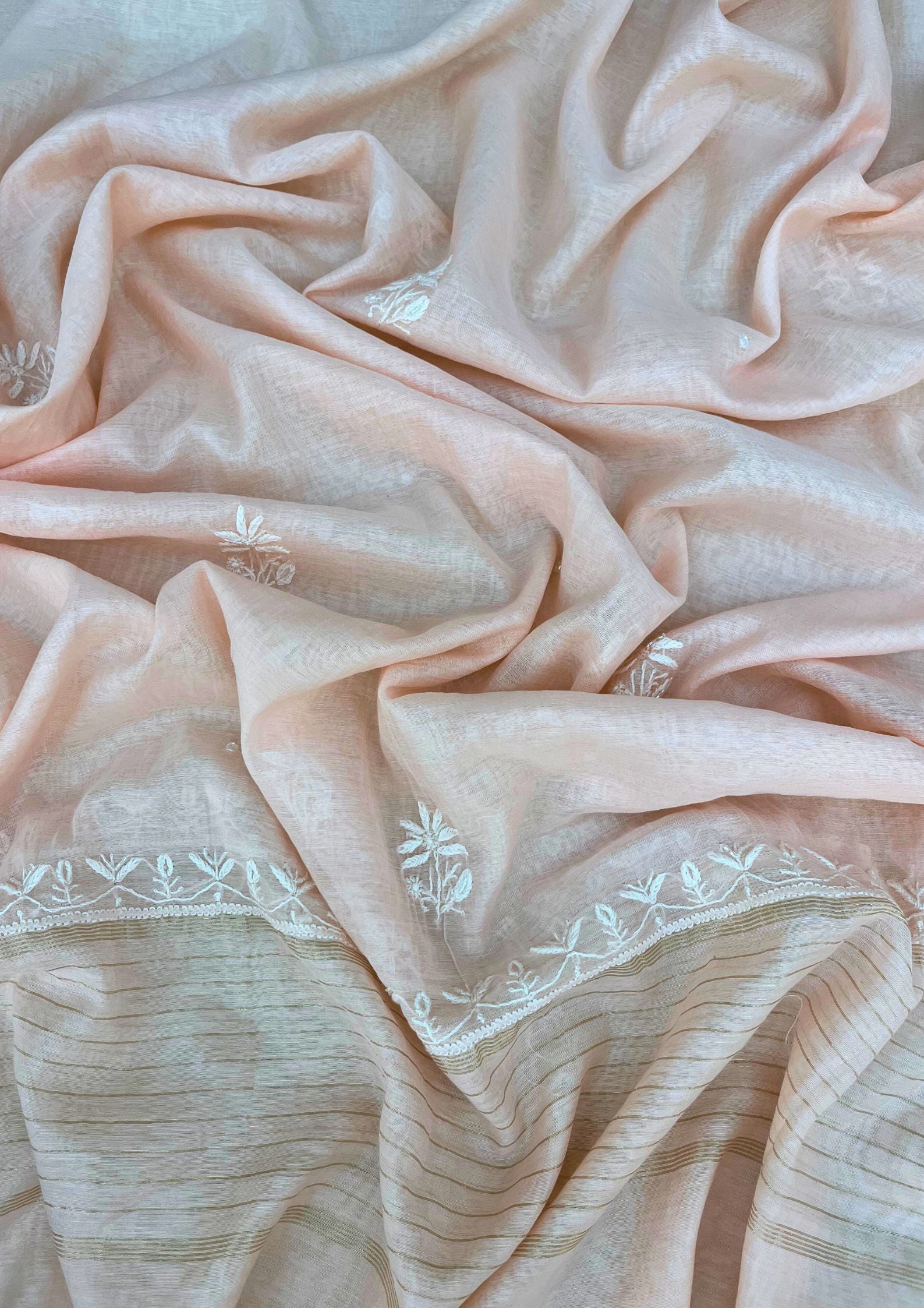 Mul Chanderi Semistitched Chikankari Suit - Peach