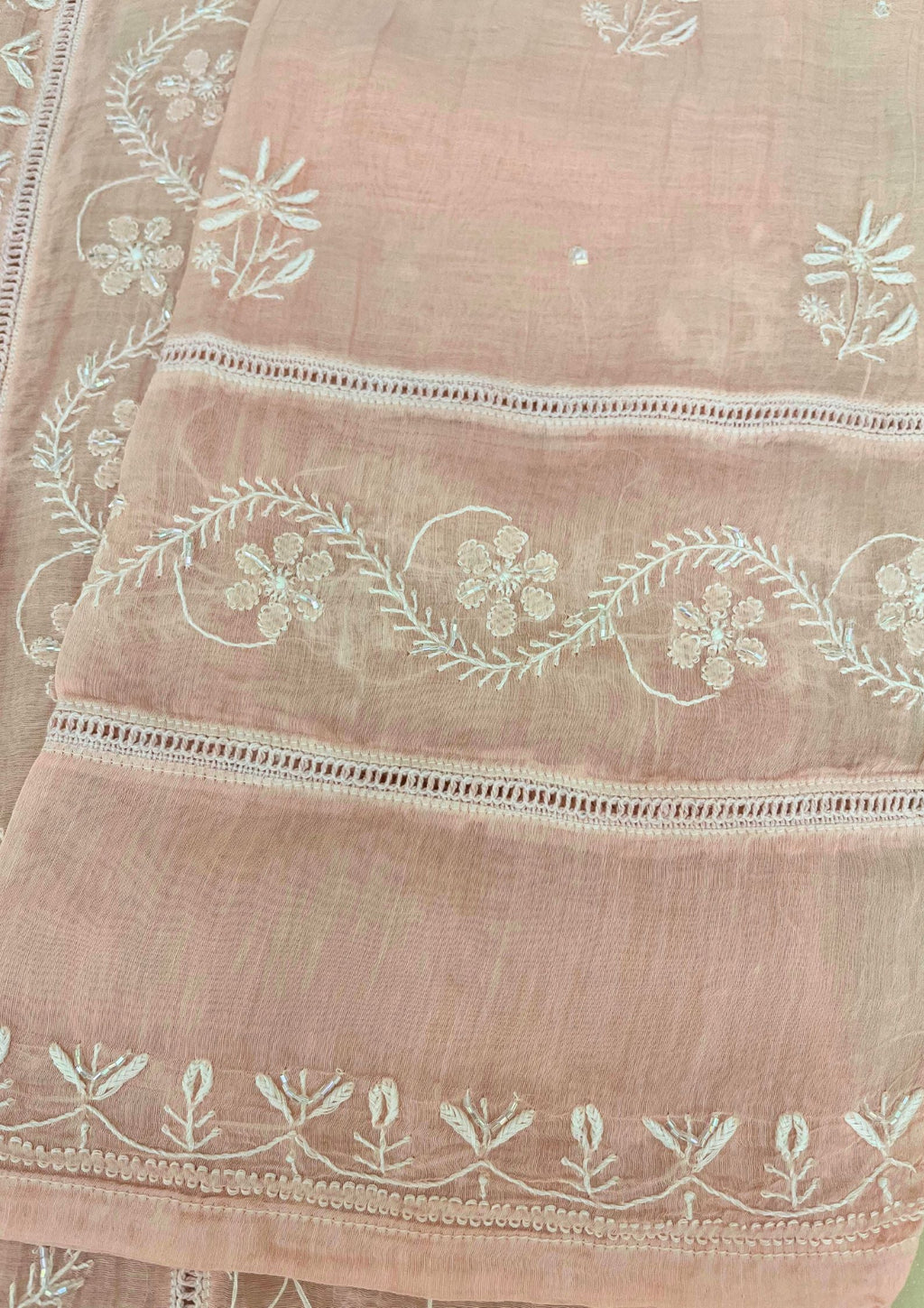 Mul Chanderi Semistitched Chikankari Suit - Peach