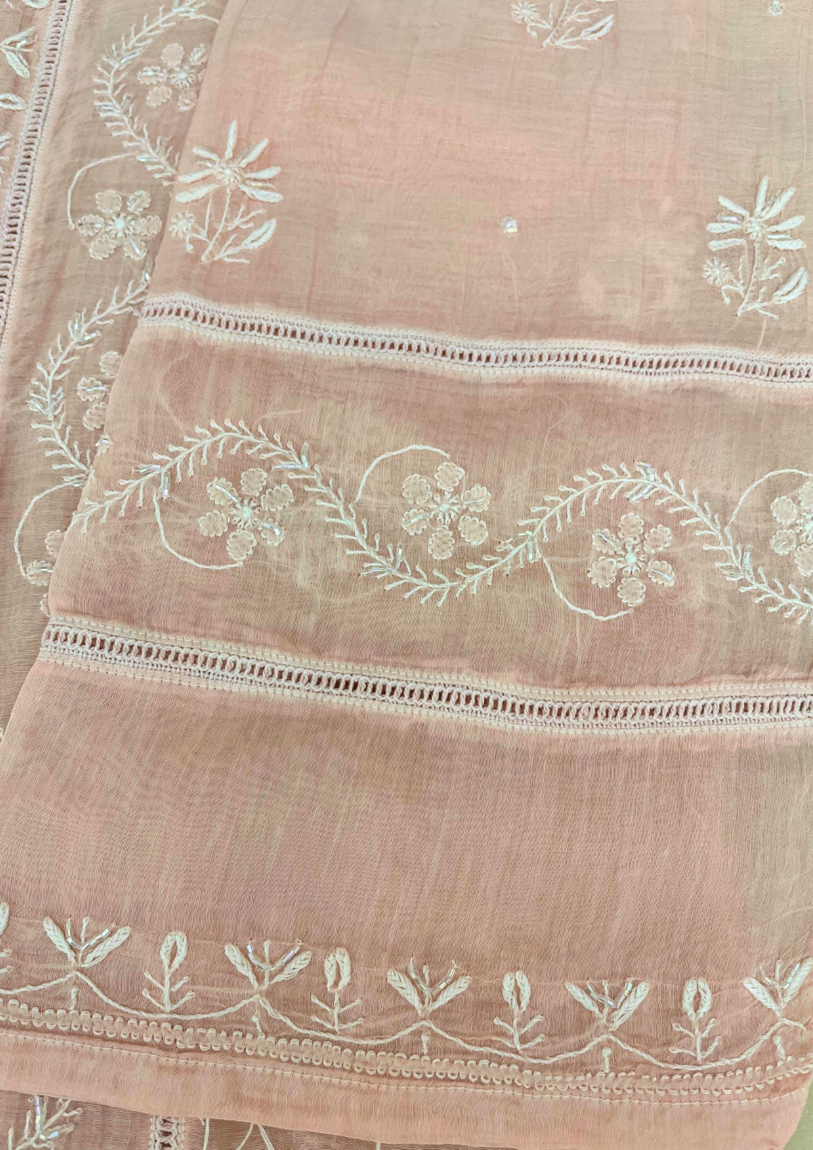 Mul Chanderi Semistitched Chikankari Suit - Peach