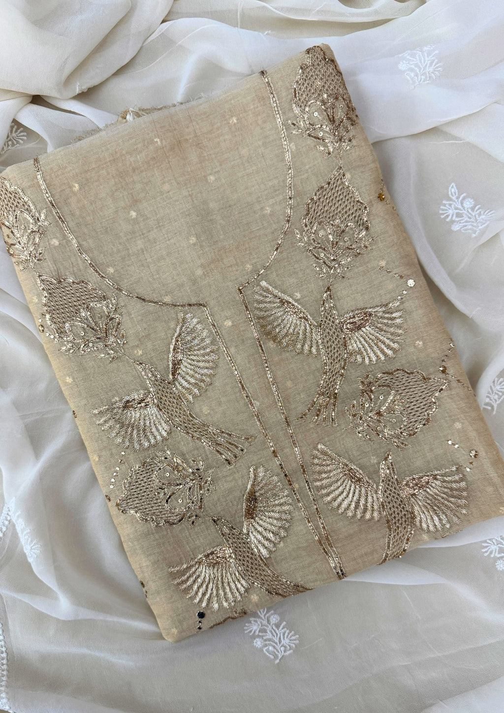 Tissue Mukesh Pitta Work Unstitched Suit - Natural Gold