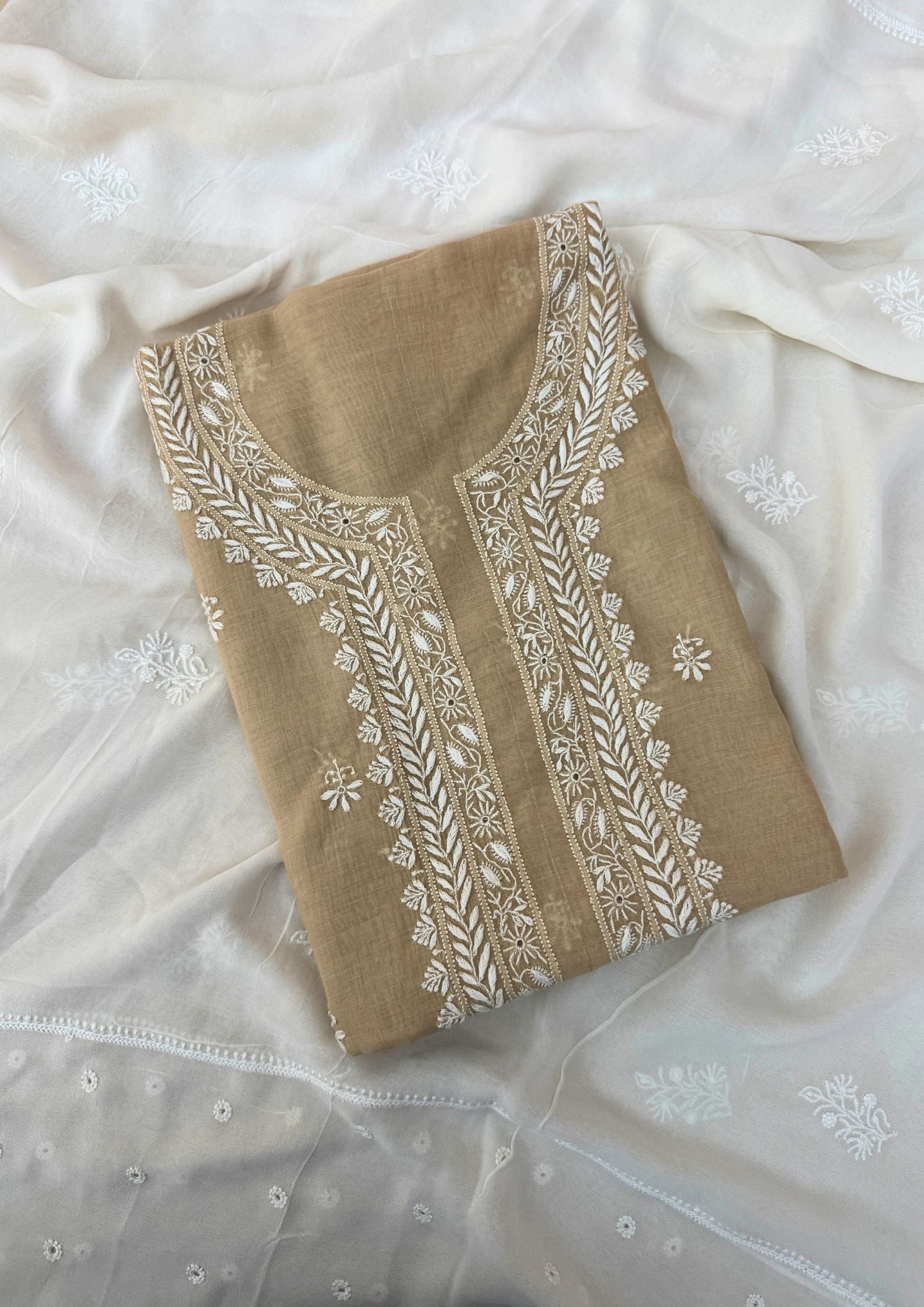 Mul Chanderi Chikankari men’s kurta - Beige