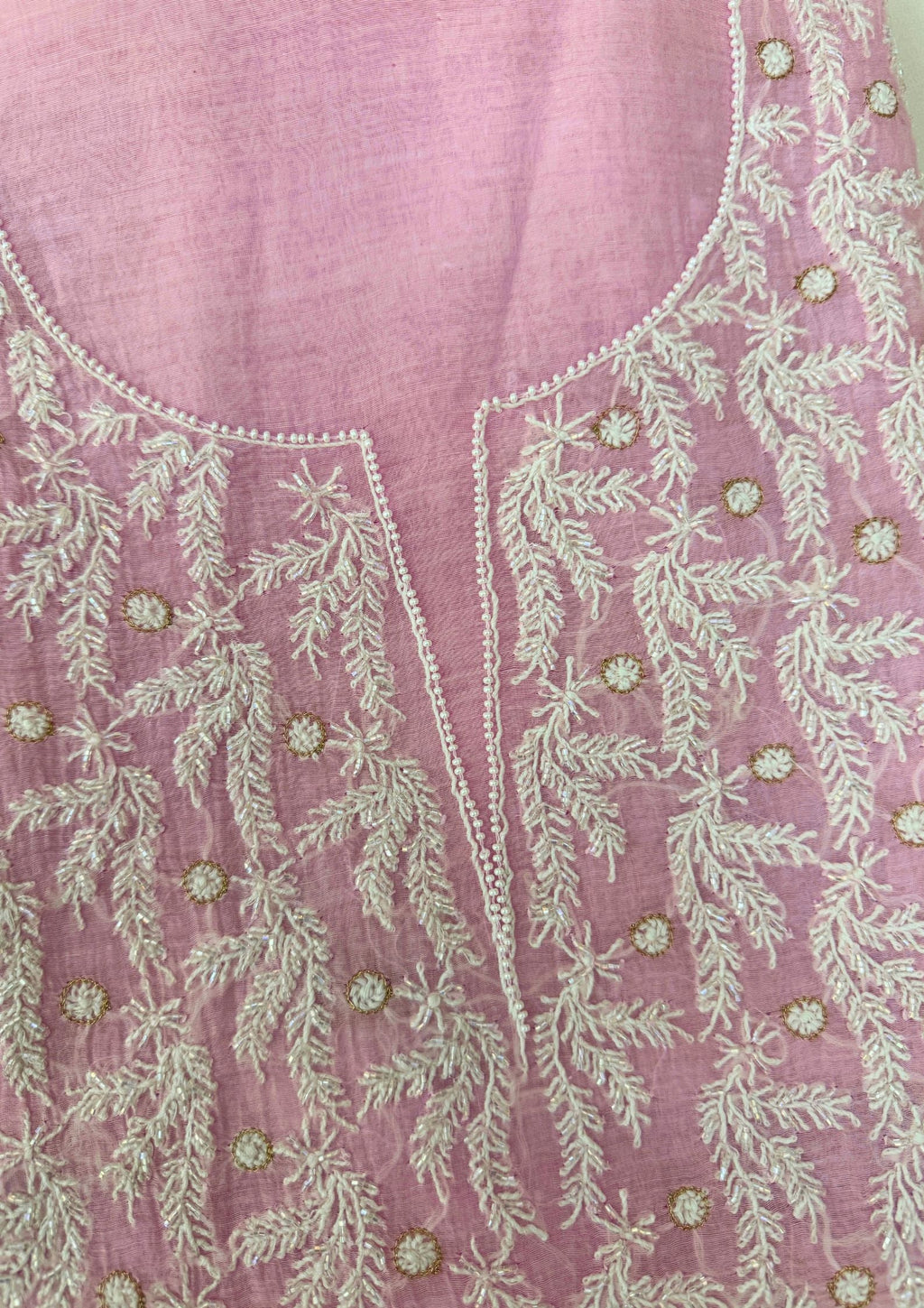 Mul Chanderi Unstitched Chikankari Suit - Baby Pink