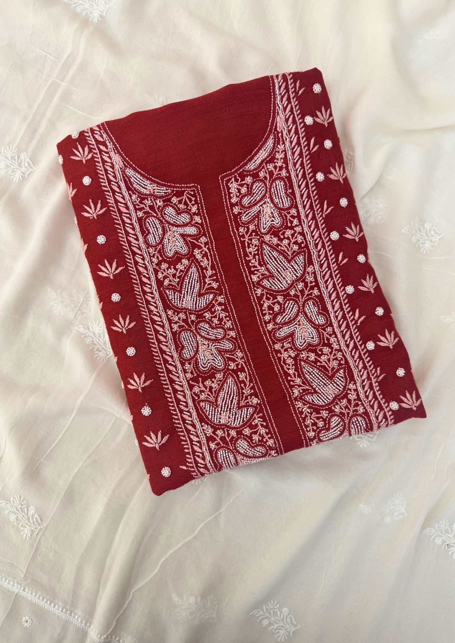 Moonga Silk Chikankari Men's Kurta - Mehroon