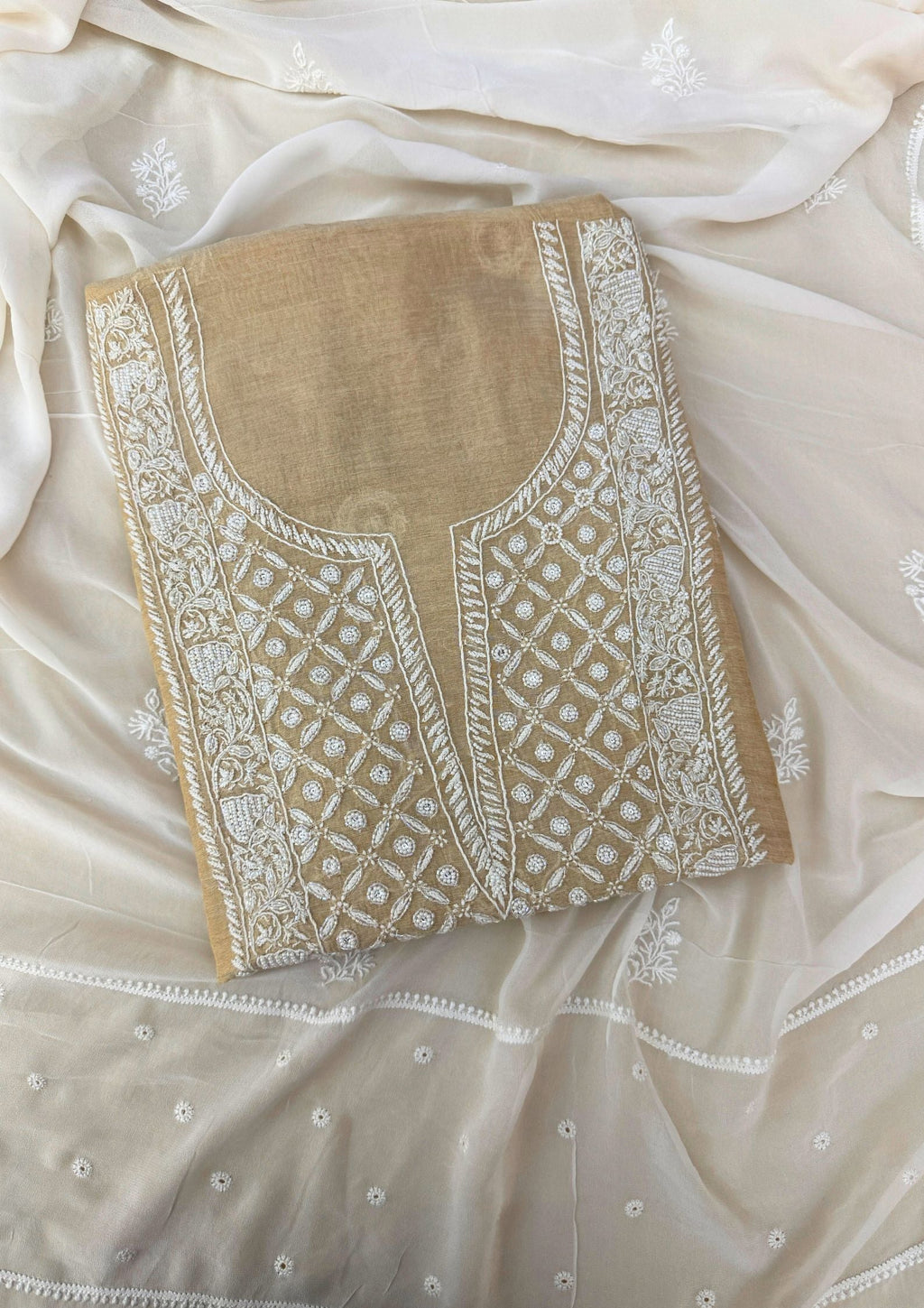 Tissue Unstitched Chikankari Suit - Biege