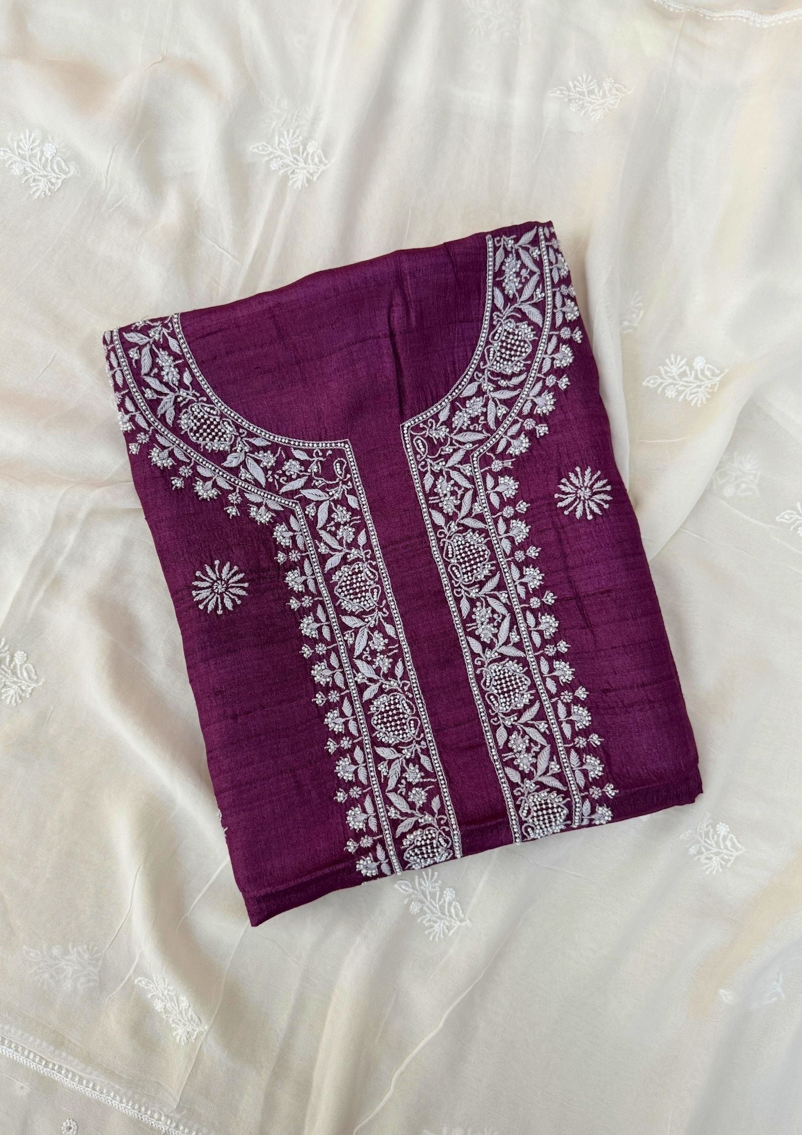 Tusser Silk Chikankari Mens Kurta - Wine