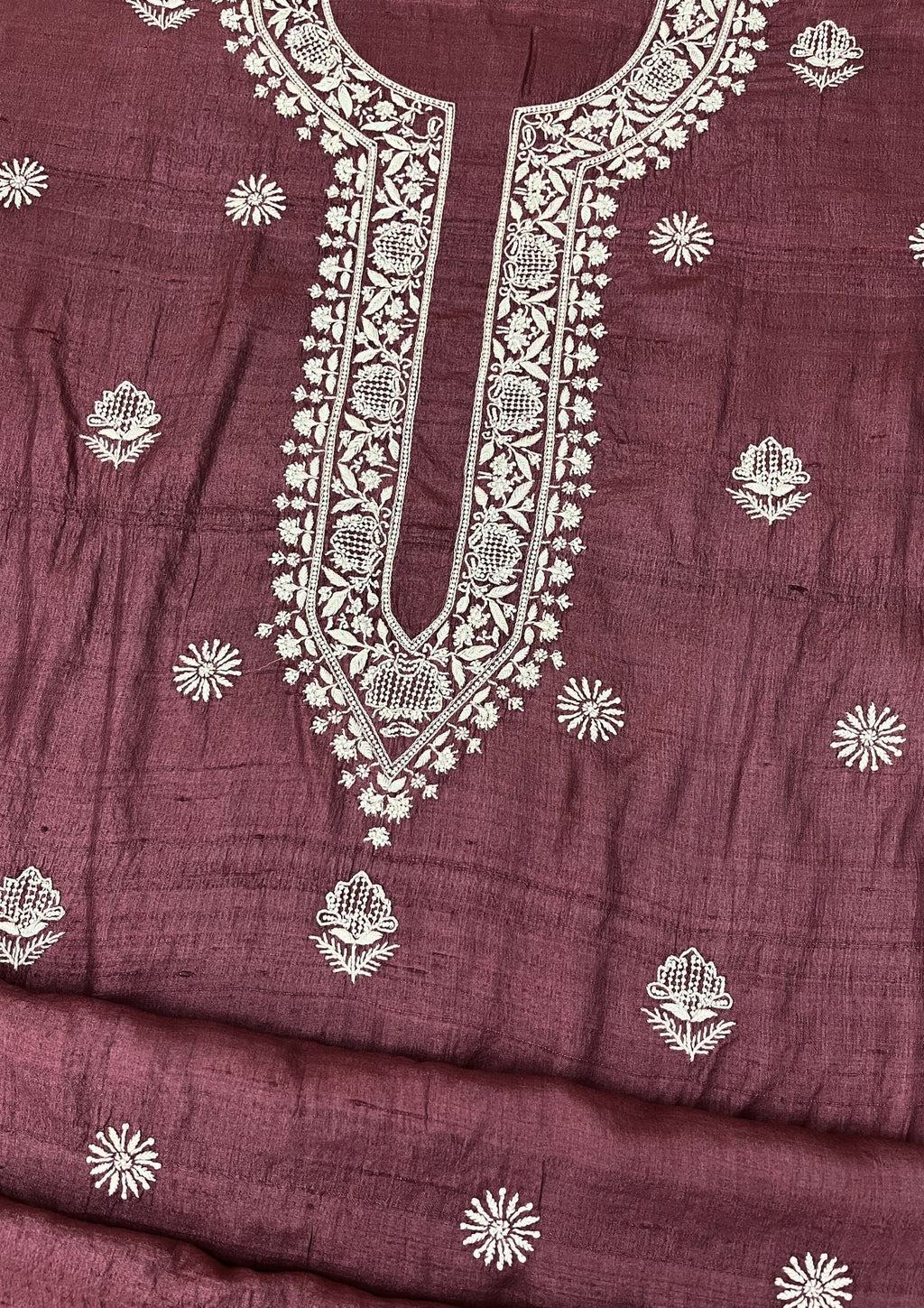 Tusser Silk Chikankari Mens Kurta - Wine