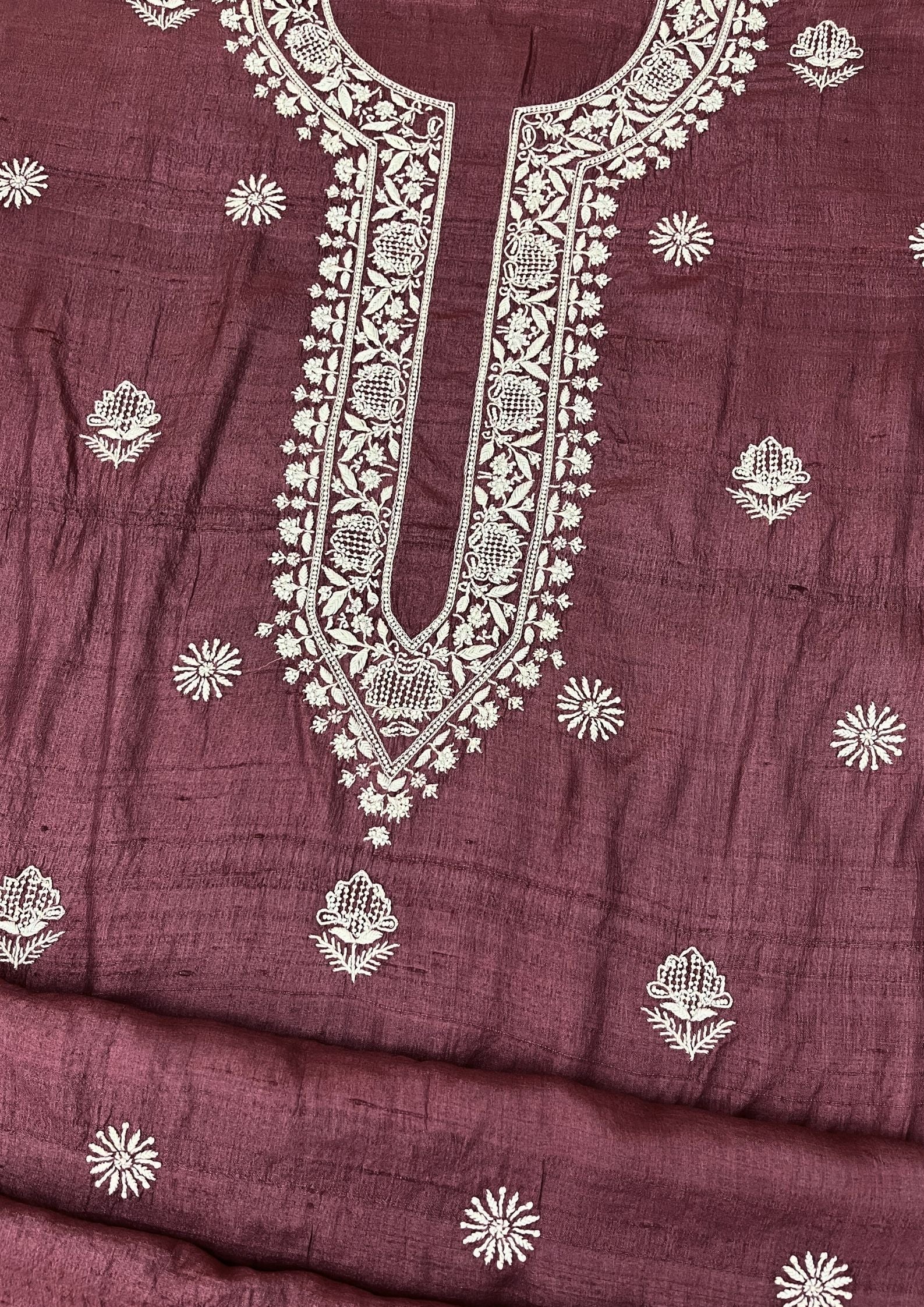 Tusser Silk Chikankari Mens Kurta - Wine