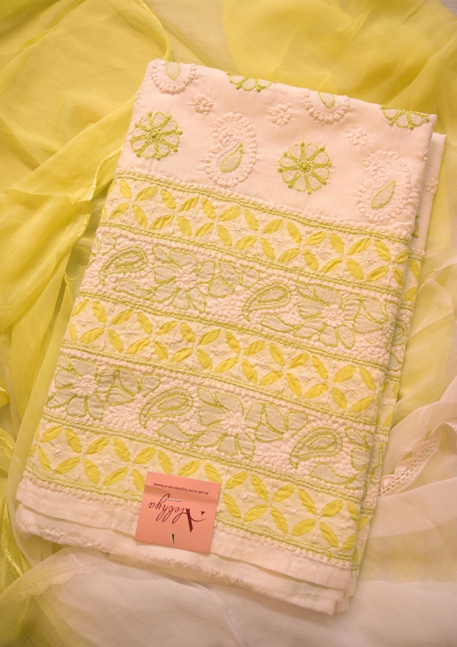 Cotton white - green and yellow 3 pc suit