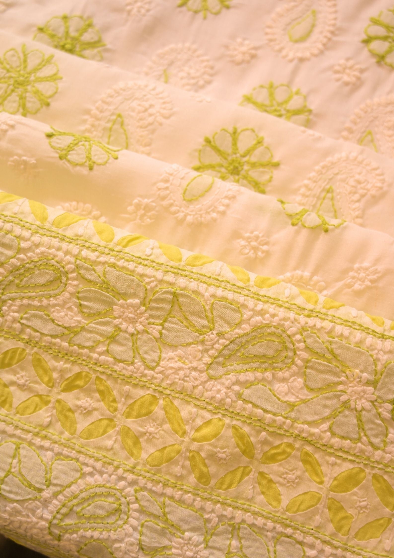 Cotton white - green and yellow 3 pc suit