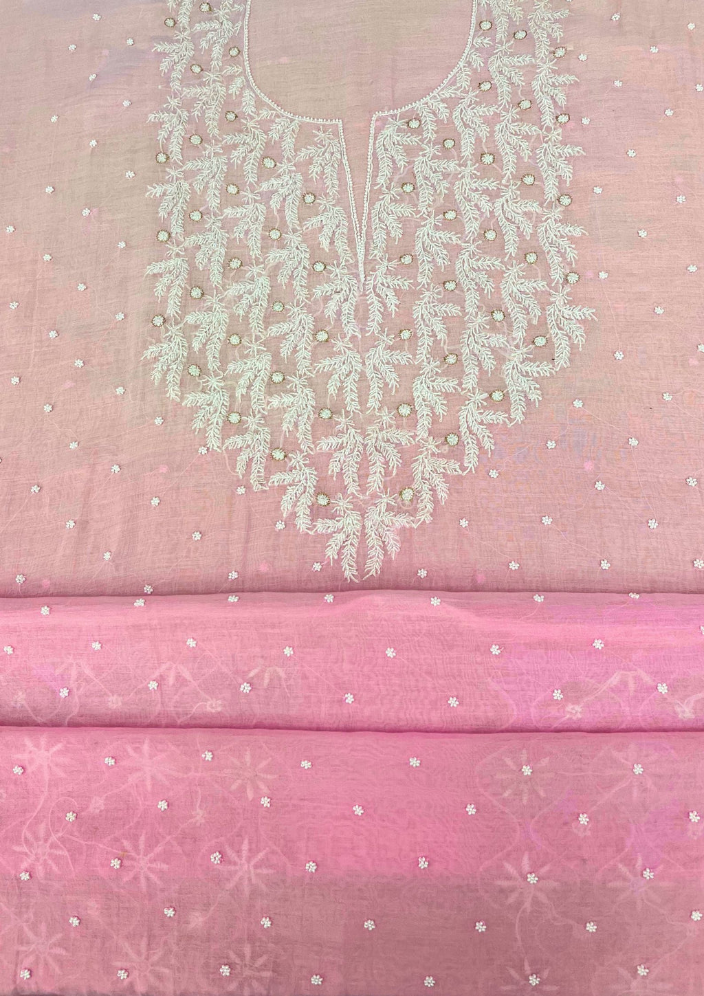 Mul Chanderi Unstitched Chikankari Suit - Baby Pink