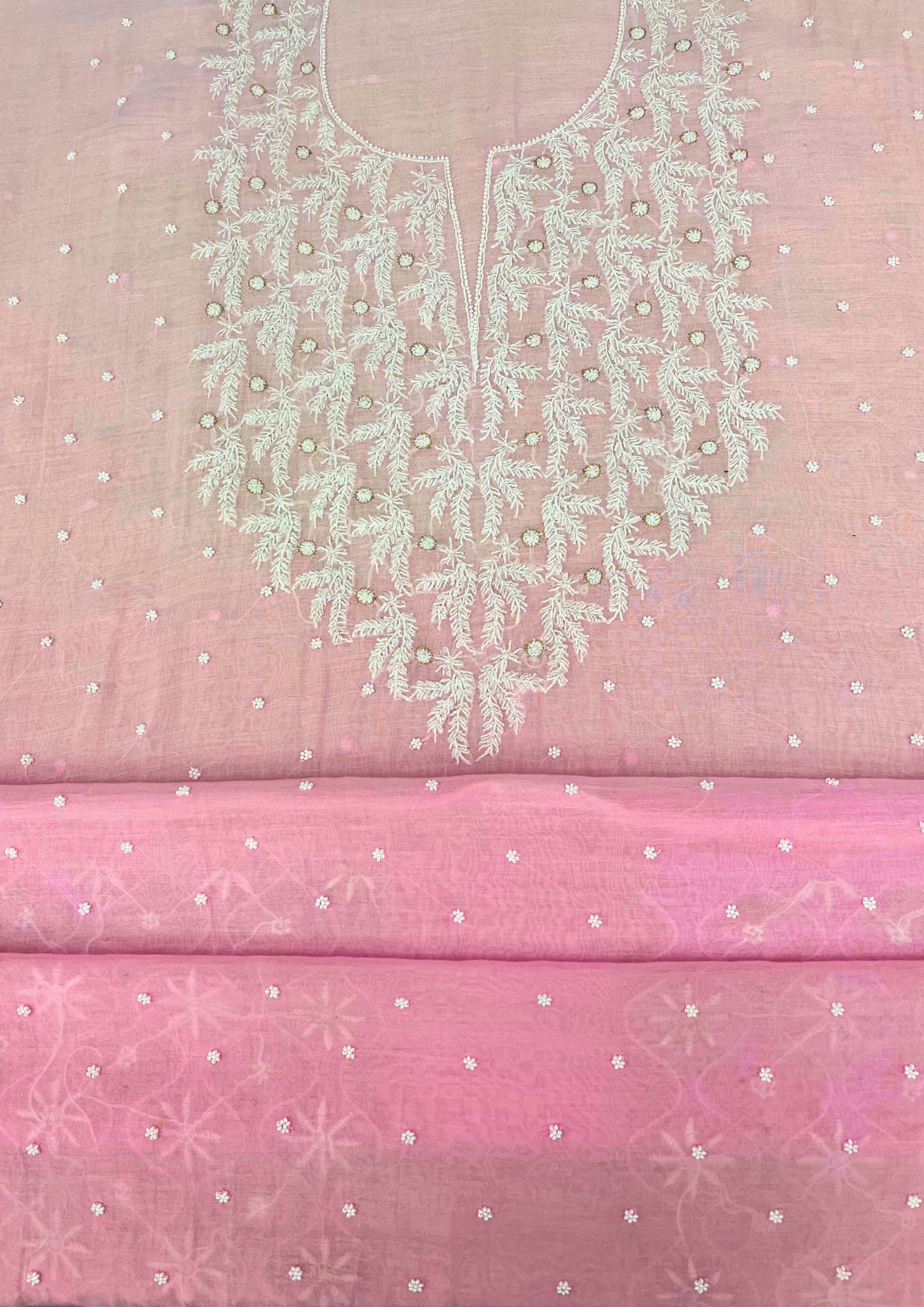 Mul Chanderi Unstitched Chikankari Suit - Baby Pink