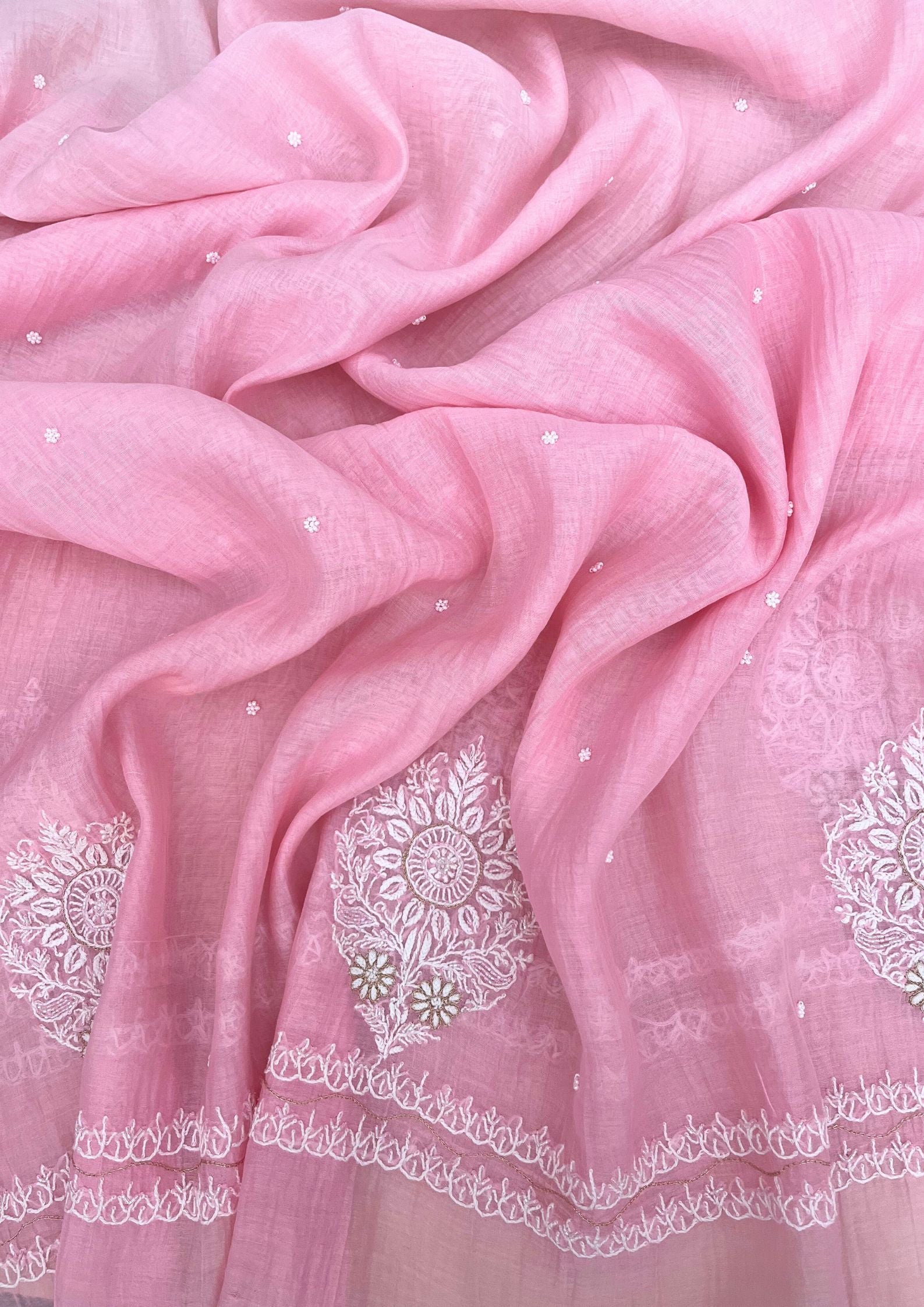 Mul Chanderi Unstitched Chikankari Suit - Baby Pink