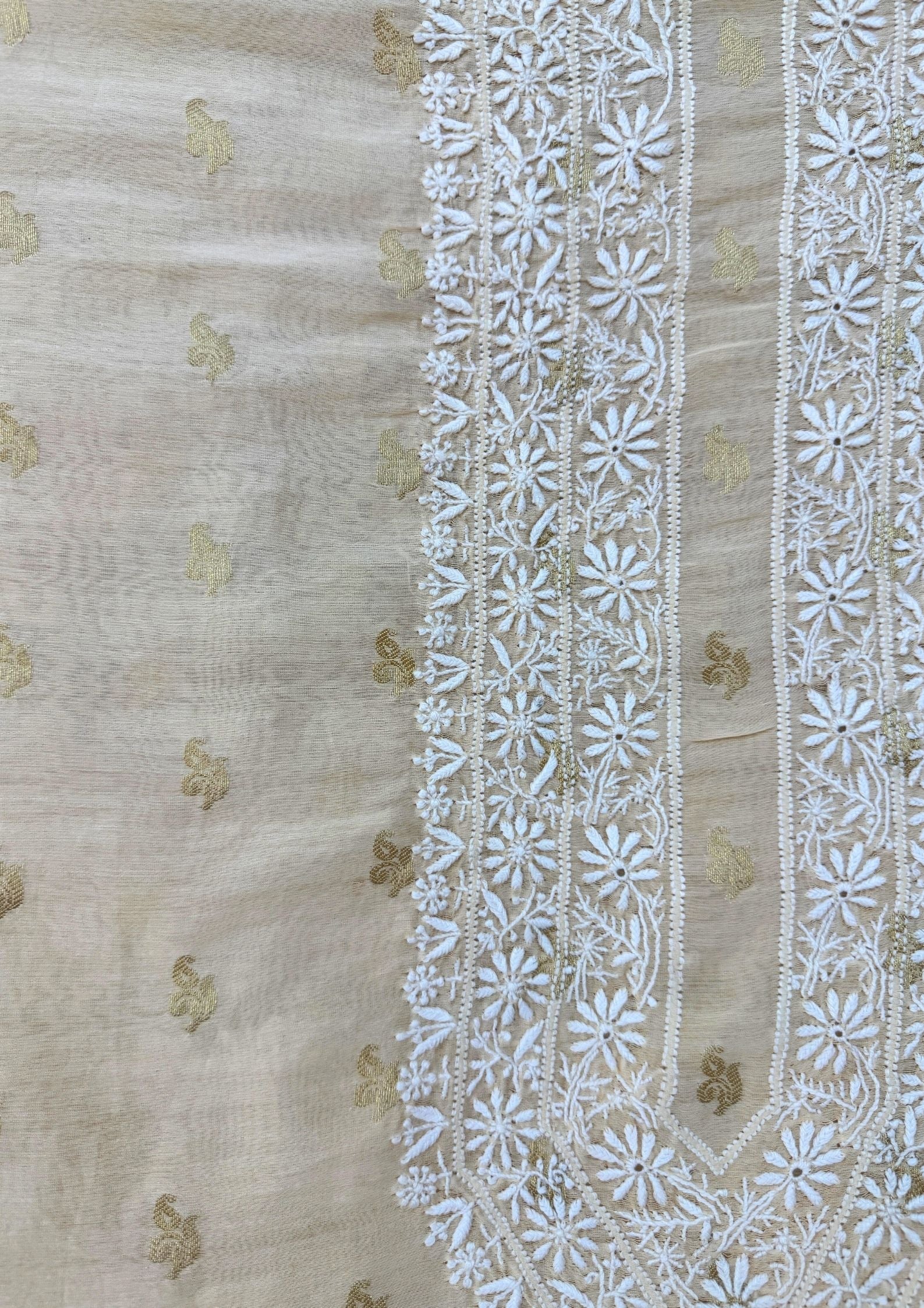 Mul Chanderi Chikankari Men's Kurta With Banarsi Booti - Beige