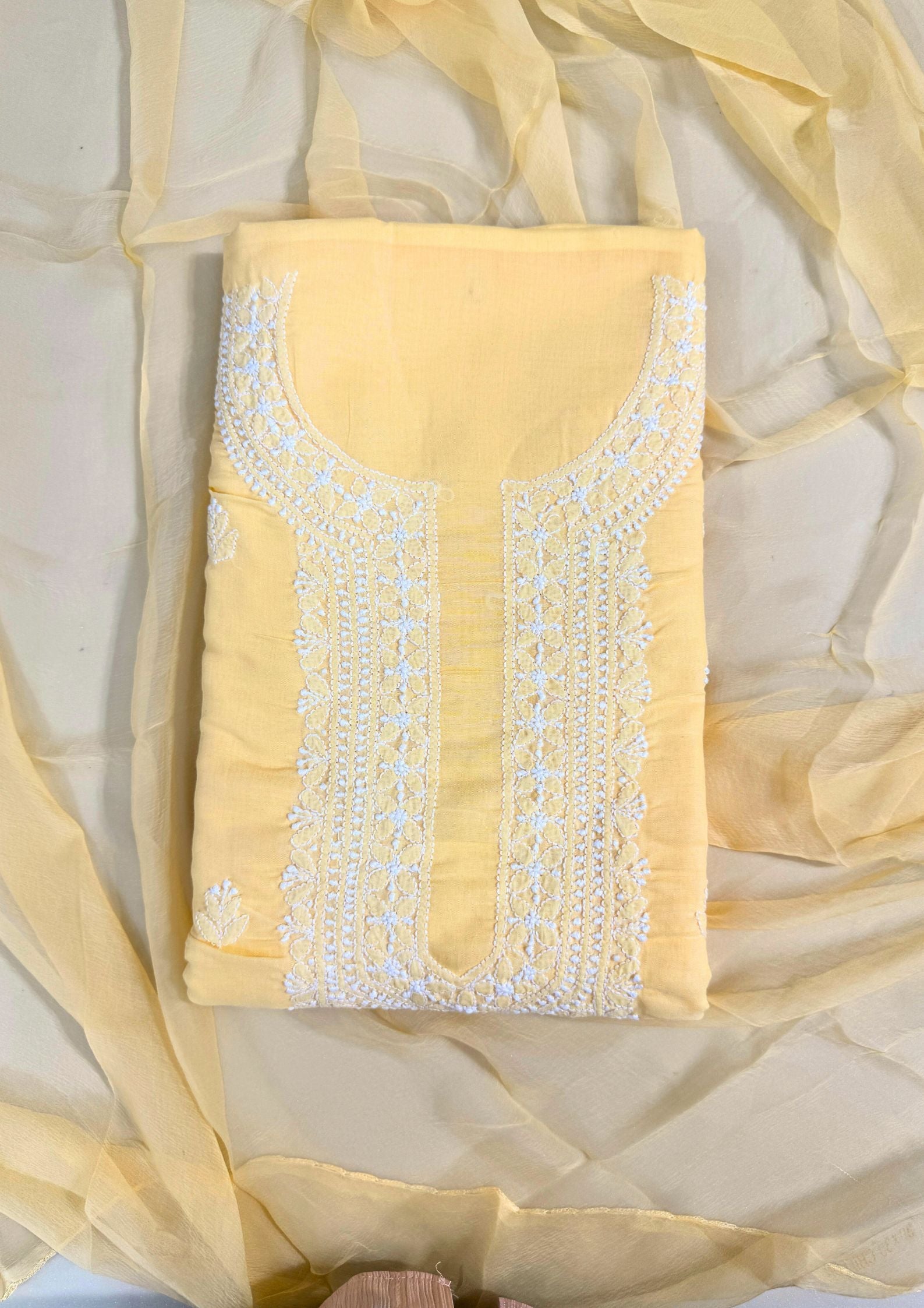 Cotton Unstitched Chikankari Suit Material - Yellow