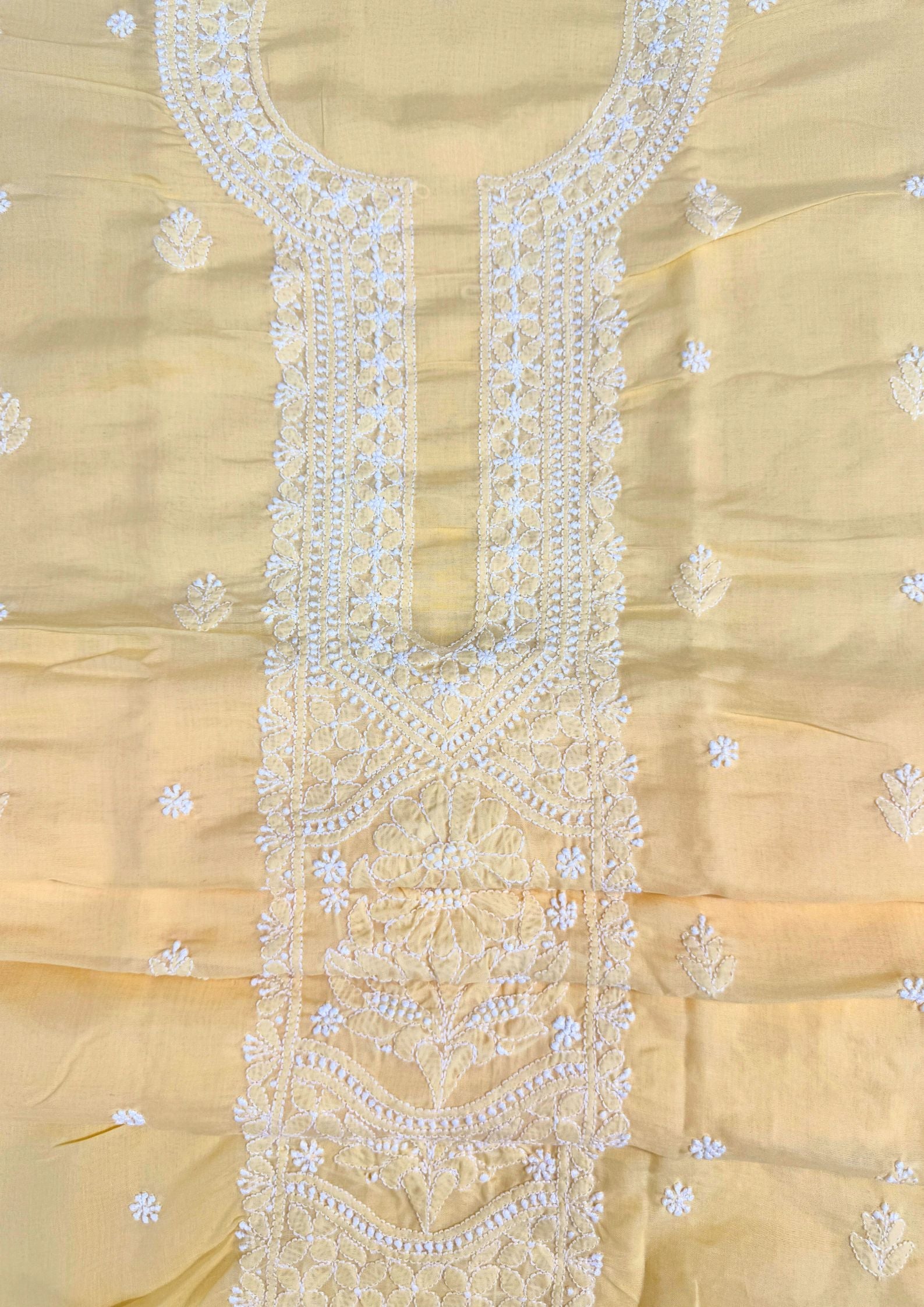 Cotton Unstitched Chikankari Suit Material - Yellow