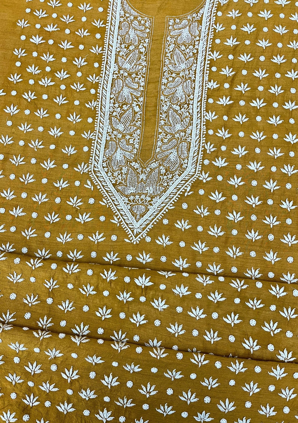 Moonga Silk Chikankari Mens Kurta - Ochre Yellow