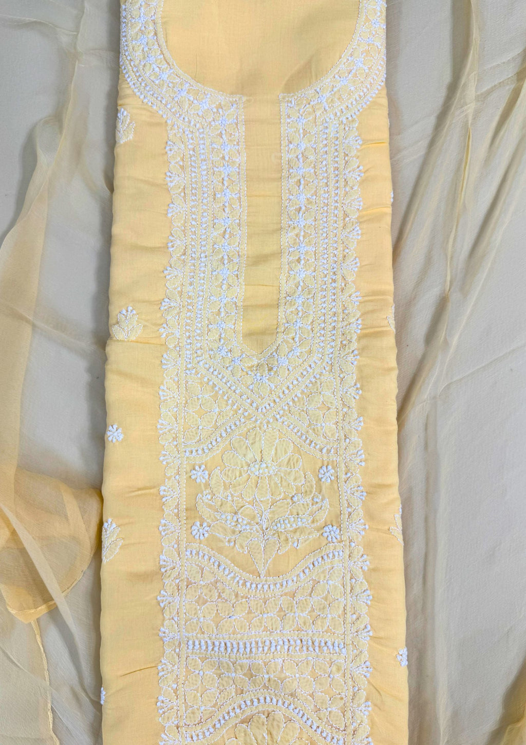Cotton Unstitched Chikankari Suit Material - Yellow