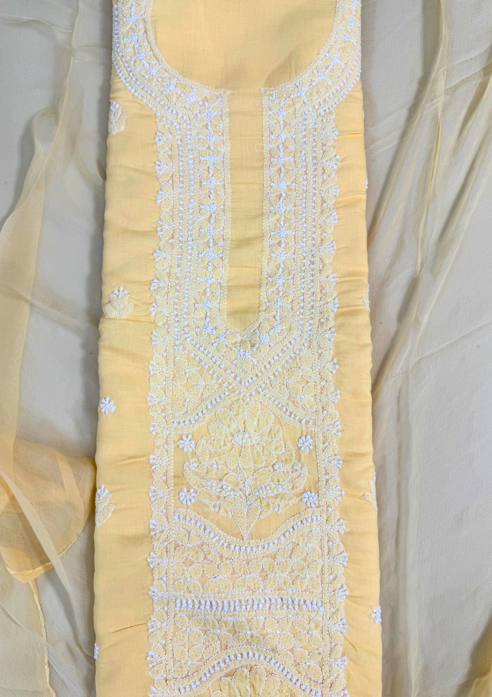 Cotton Unstitched Chikankari Suit Material - Yellow