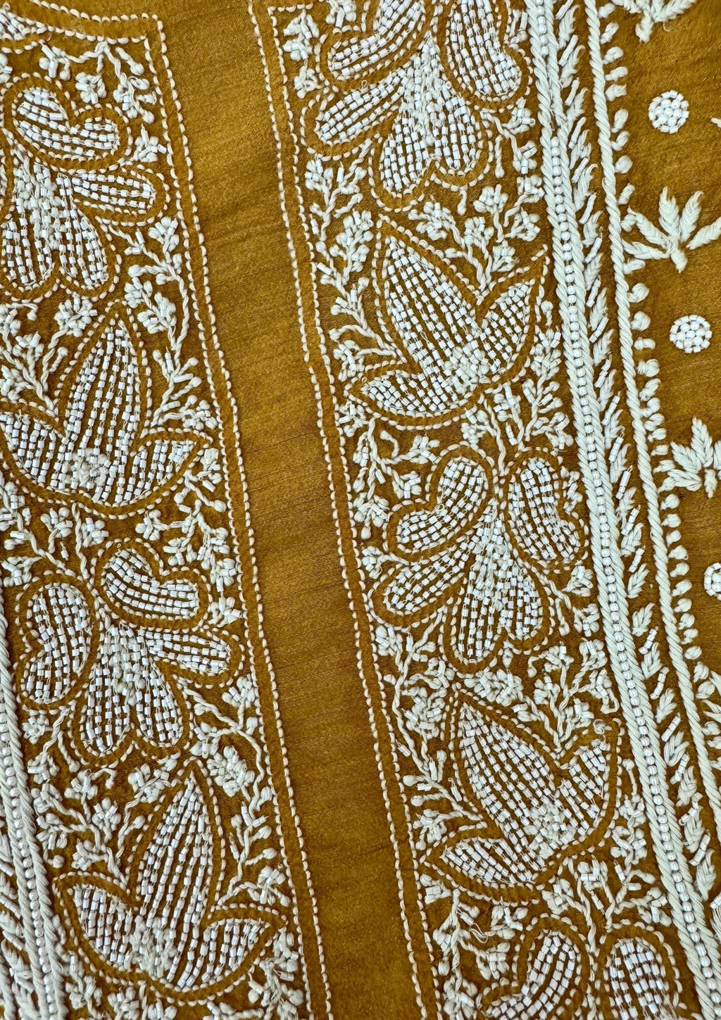 Moonga Silk Chikankari Mens Kurta - Ochre Yellow