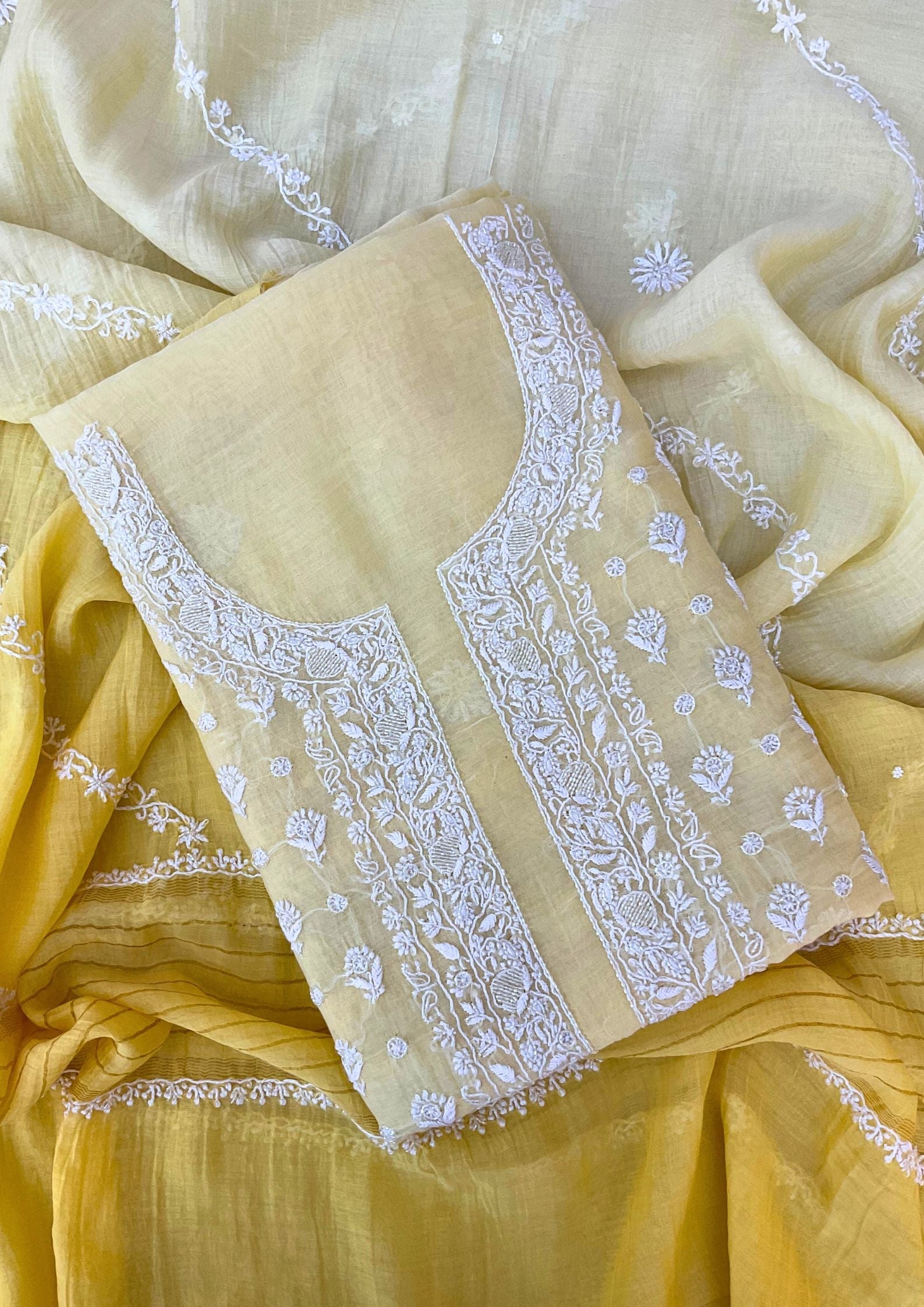 Mul Chanderi Chikankari Suit - Ombre Yellow