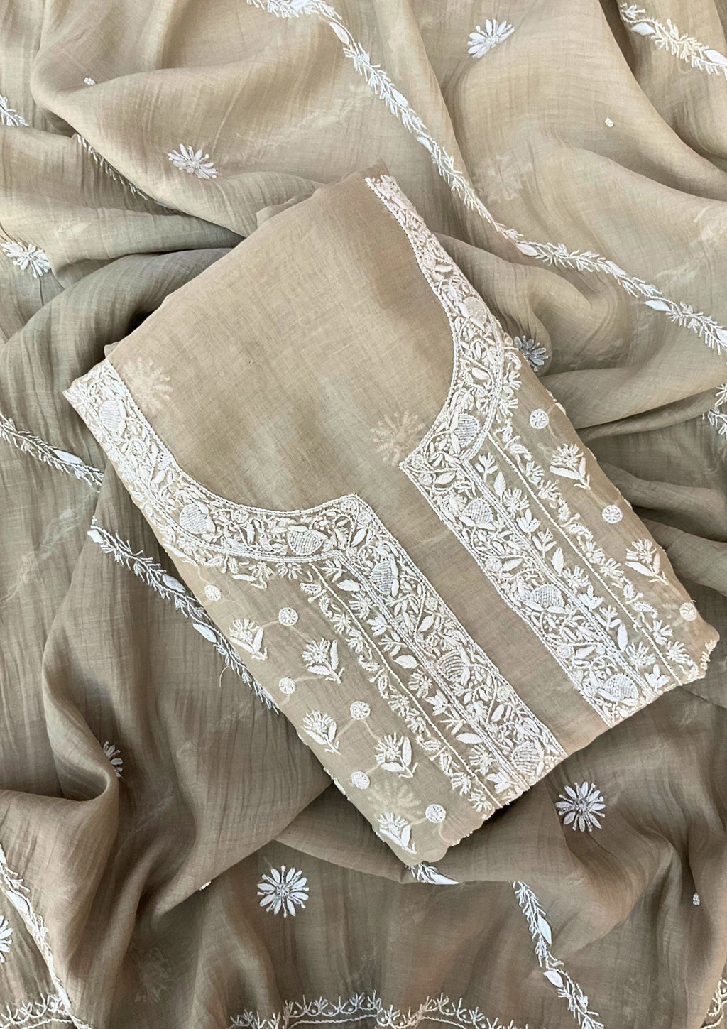Mul Chanderi Chikankari Suit - Grey