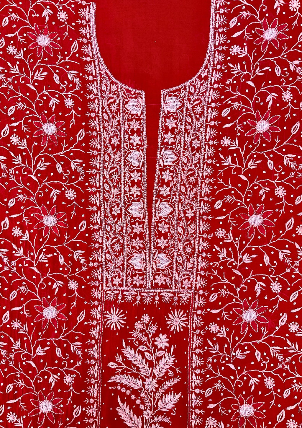 Mul Chanderi Chikankari Suit - Red