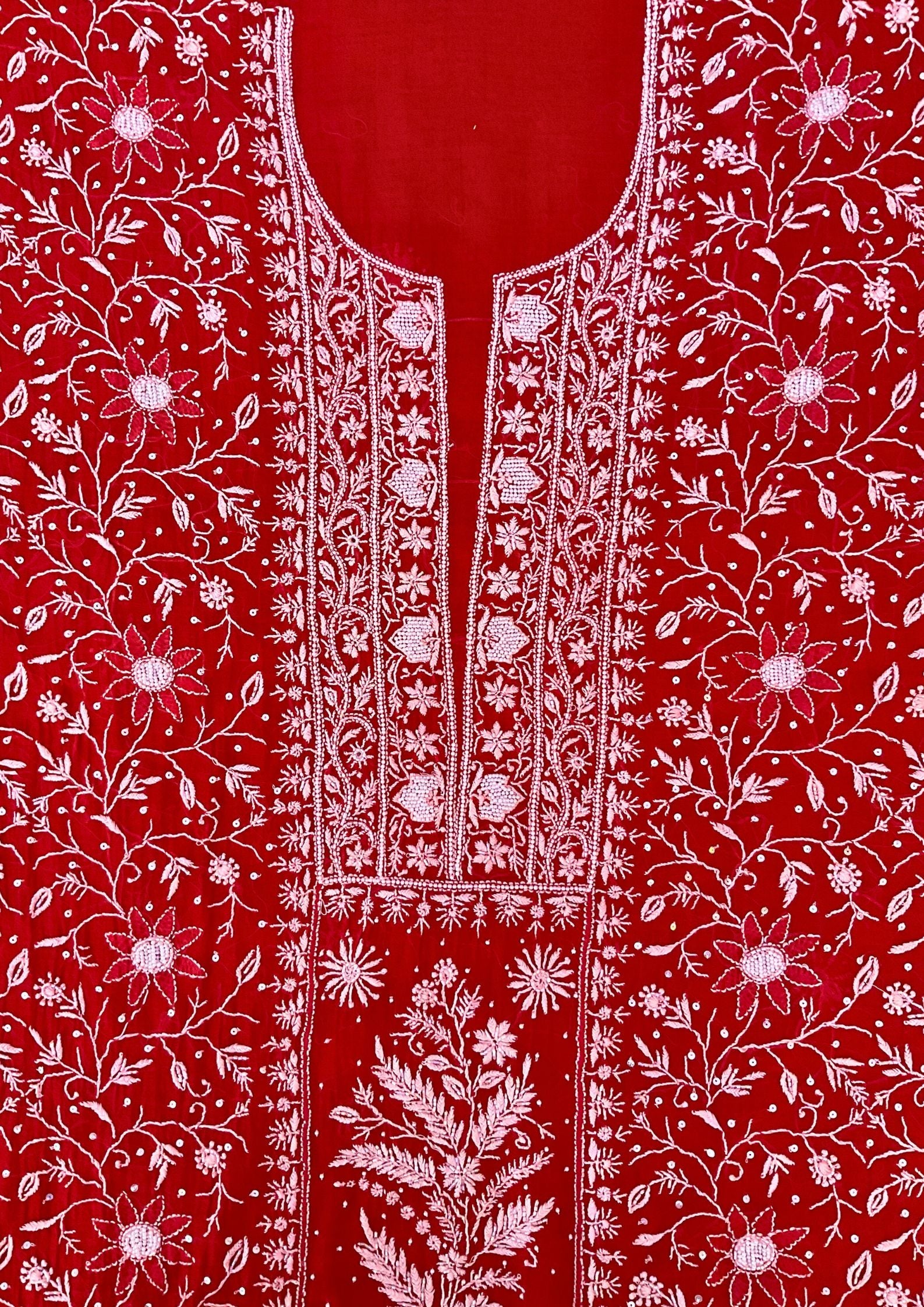 Mul Chanderi Chikankari Suit - Red